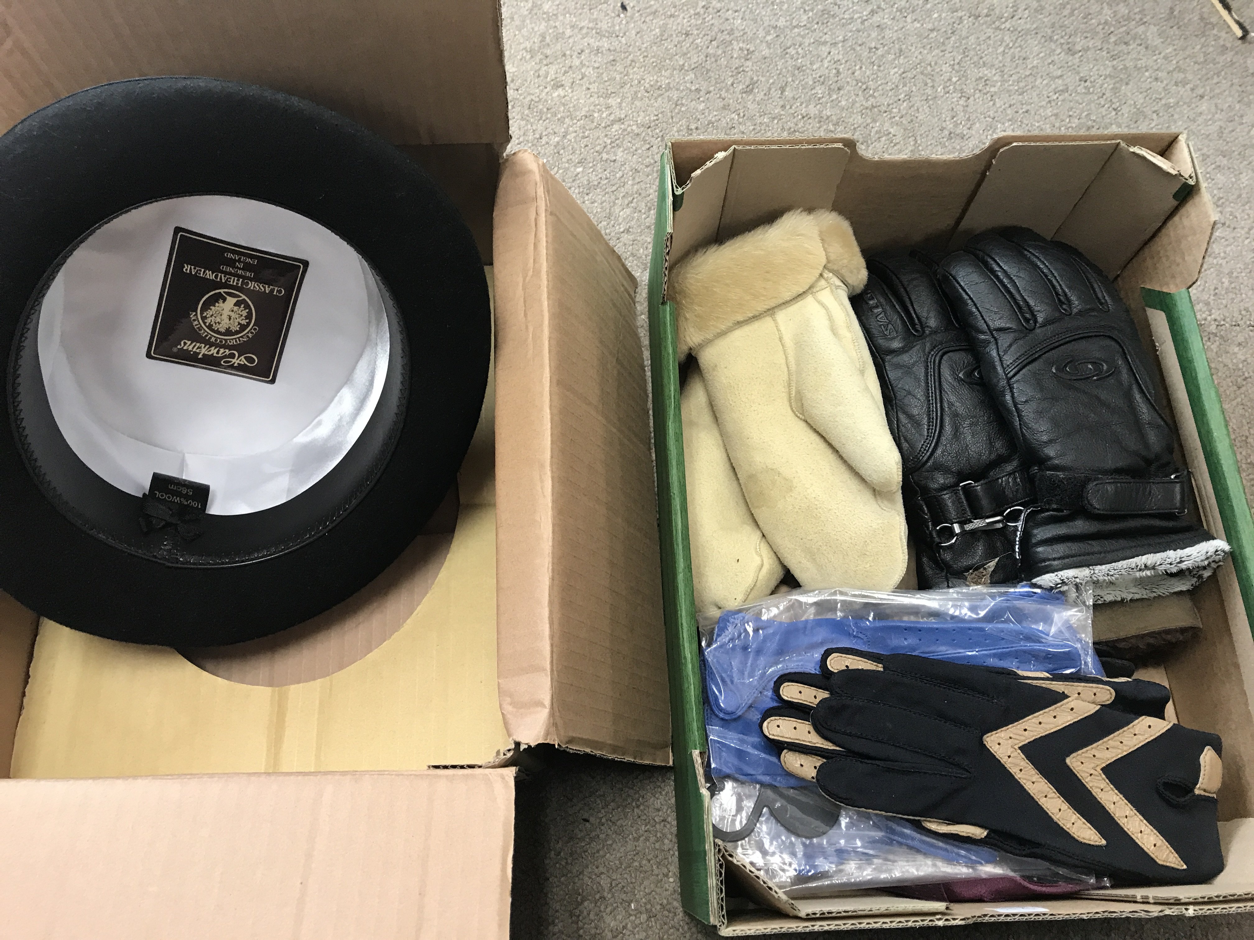 A collection of gloves including leather , purses , riding hat Hawkins in black . Postage category B