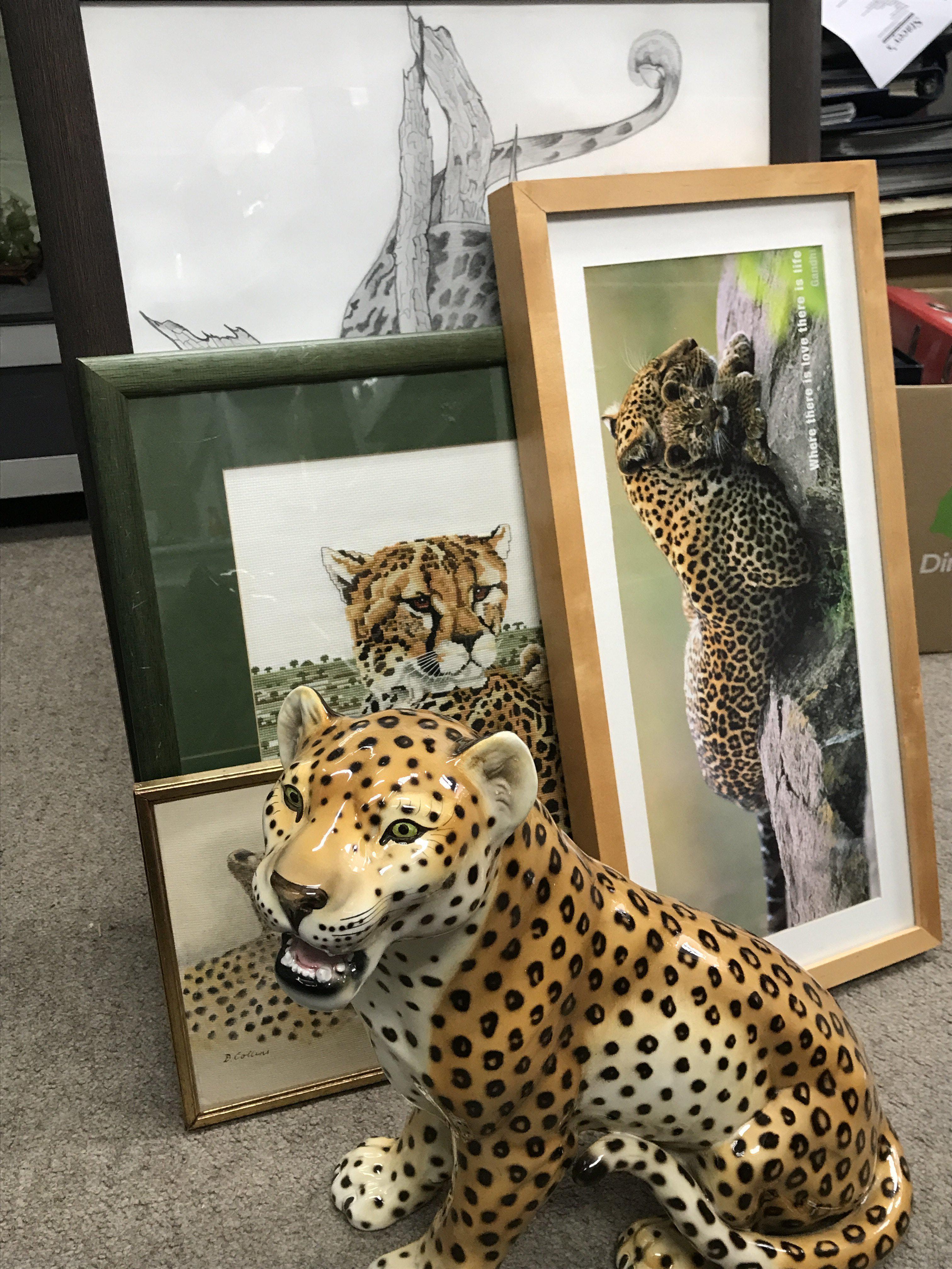 Leopard related collection including a ceramic Italian figure, small oil painting on board, two prints , Albert Bamard sketch . This lot cannot be posted