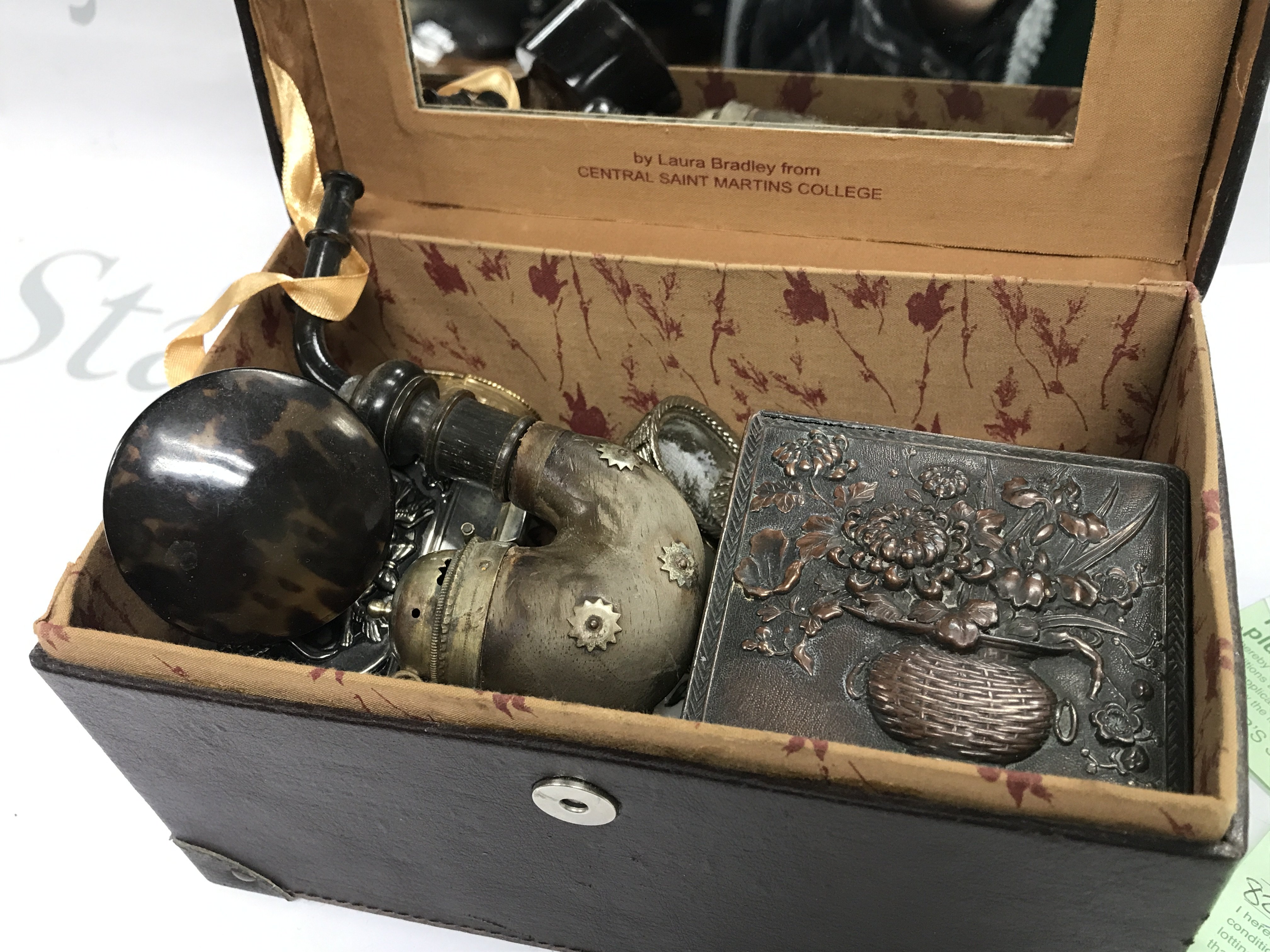 a vintage case designed for L Oreal Paris containing small tins with contents, small trinket boxes, pill boxes etc . Postage category B