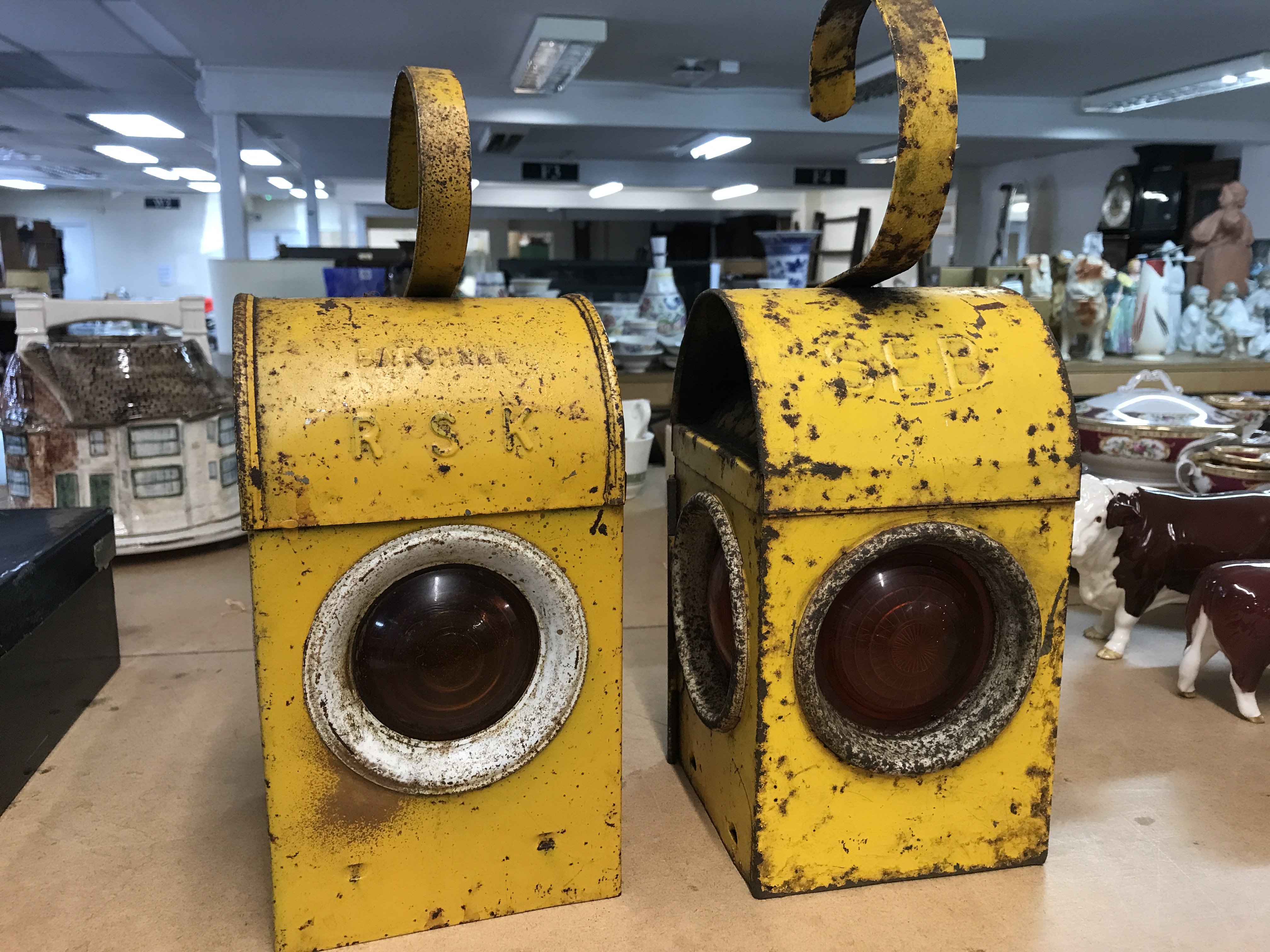 Two yellow vintage road workers lamps . This lot cannot be posted