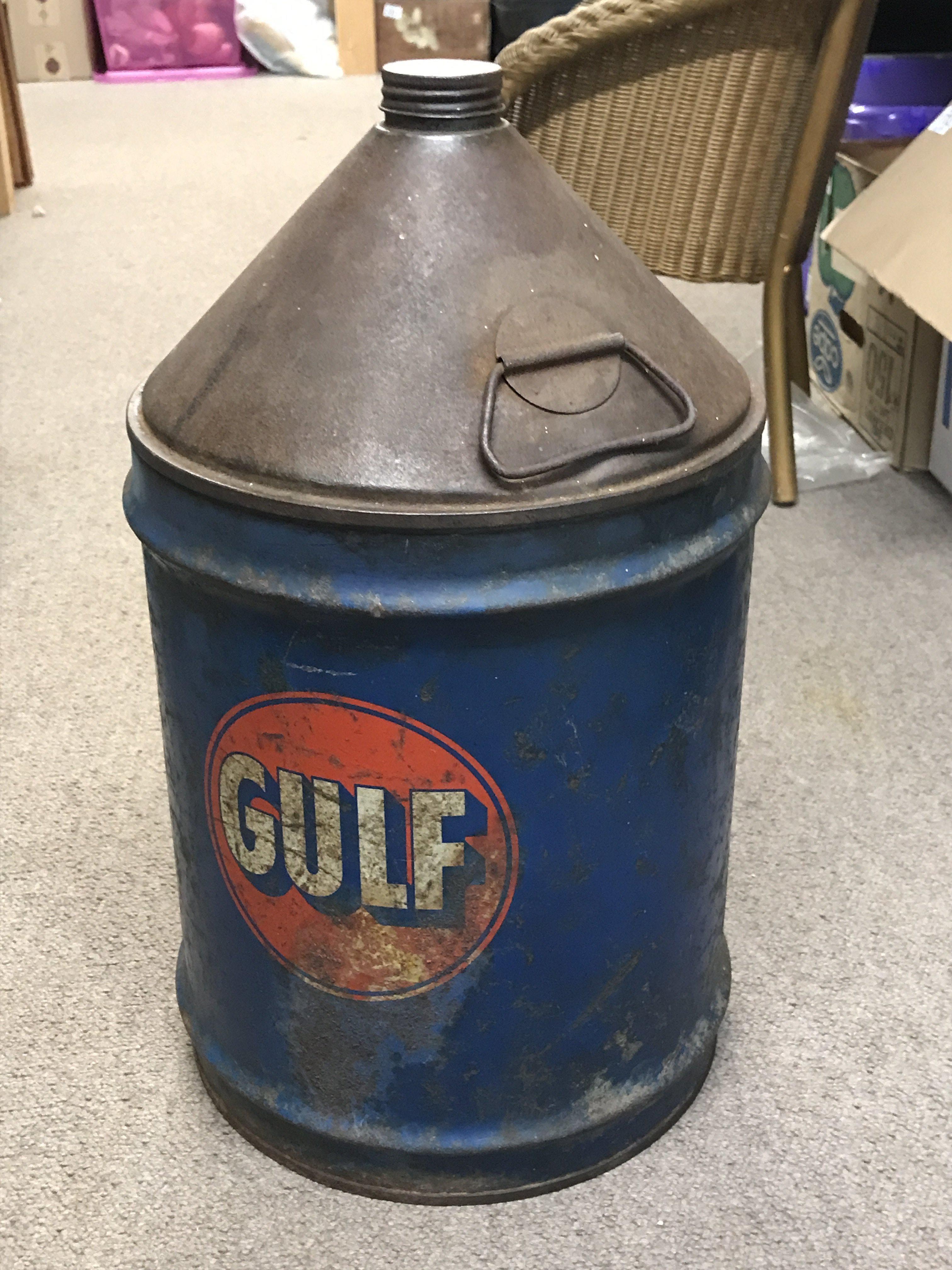 A vintage 5 gallon oil drum for gulf oil