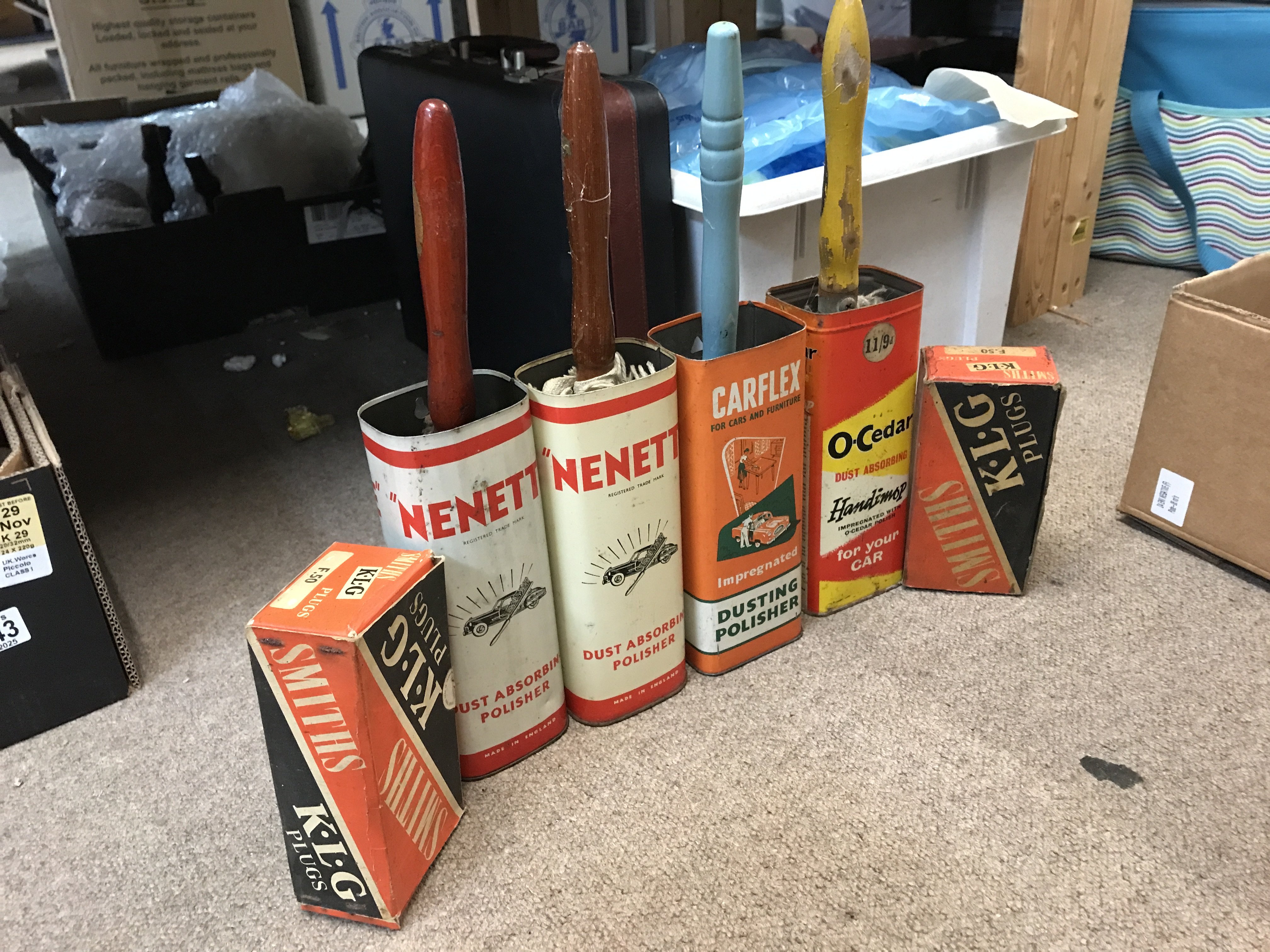 Four vintage car polishing brushes including Nenette, O cedar etc and two boxes of KLG plugs. Postage category B