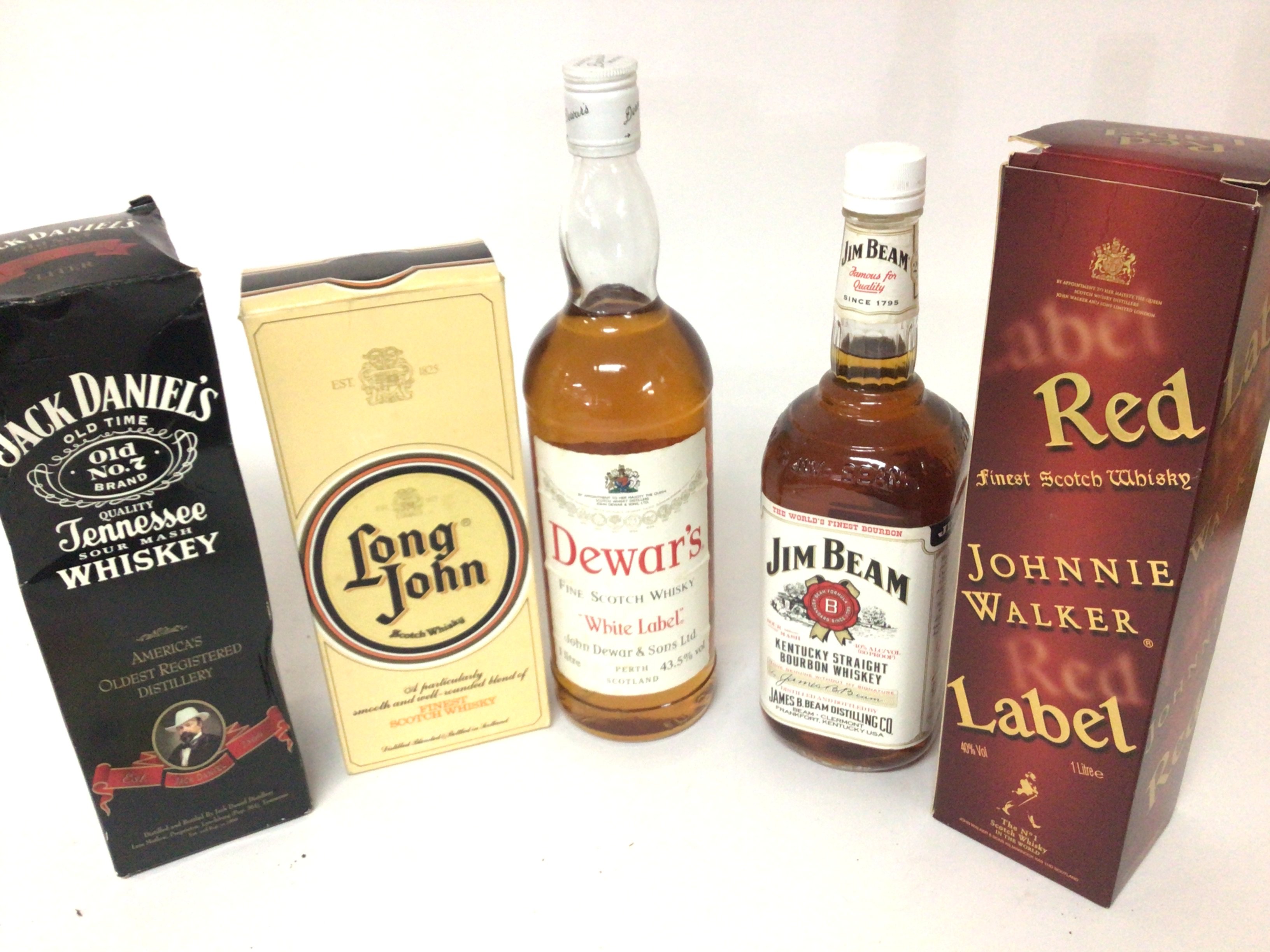 A Bottle of Dewars Scottish Perth Whiskey 1litre a Bottle of Jim Beam Johnnie walker red label Long John and a bottle of Jack Daniel̢&#2013265925&#2013265947&#2013266282s (5)
