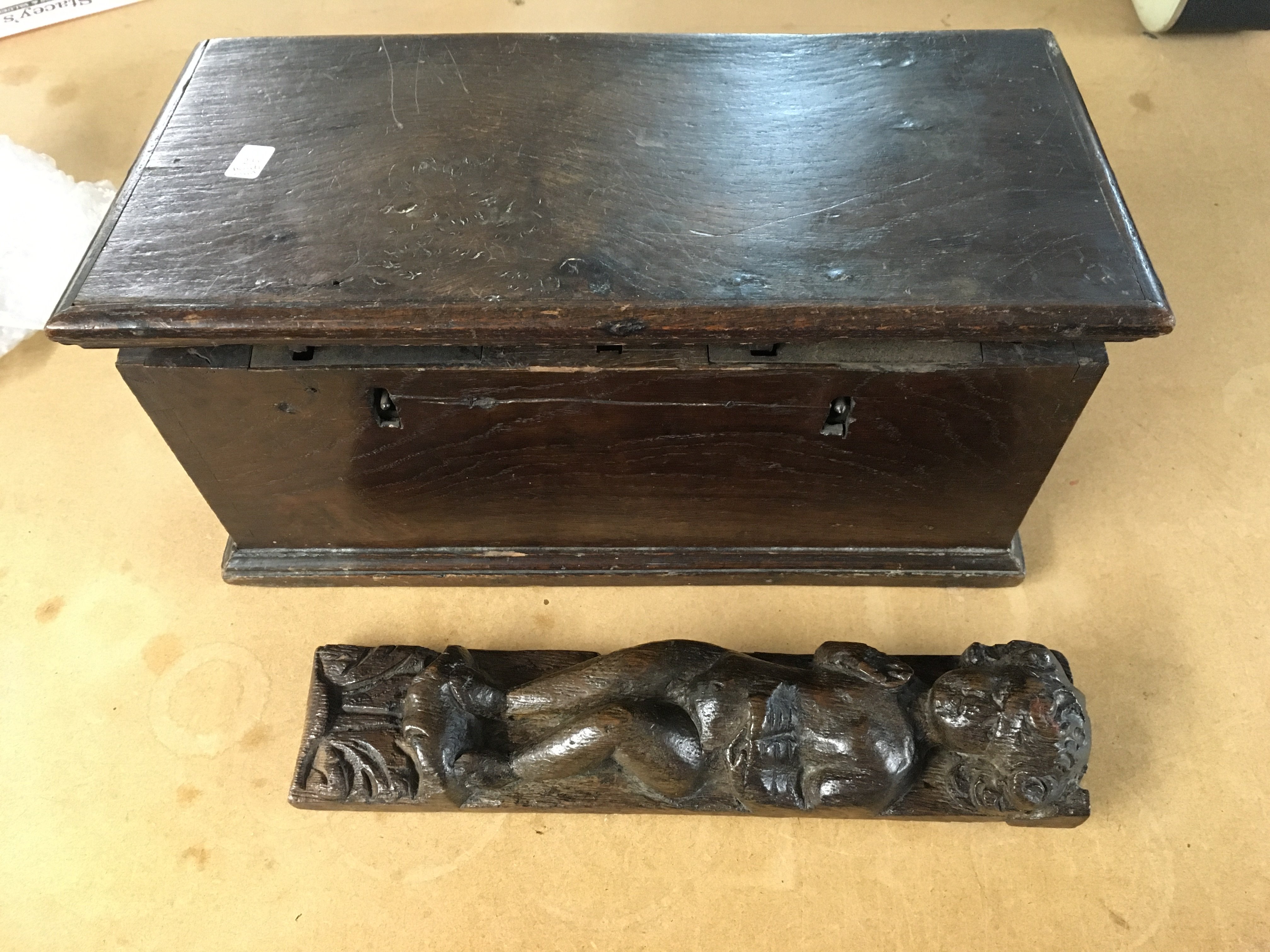 18th century mini chest together with 19th century carved wooden cherub in oak. Cheub 12" x 2.5
