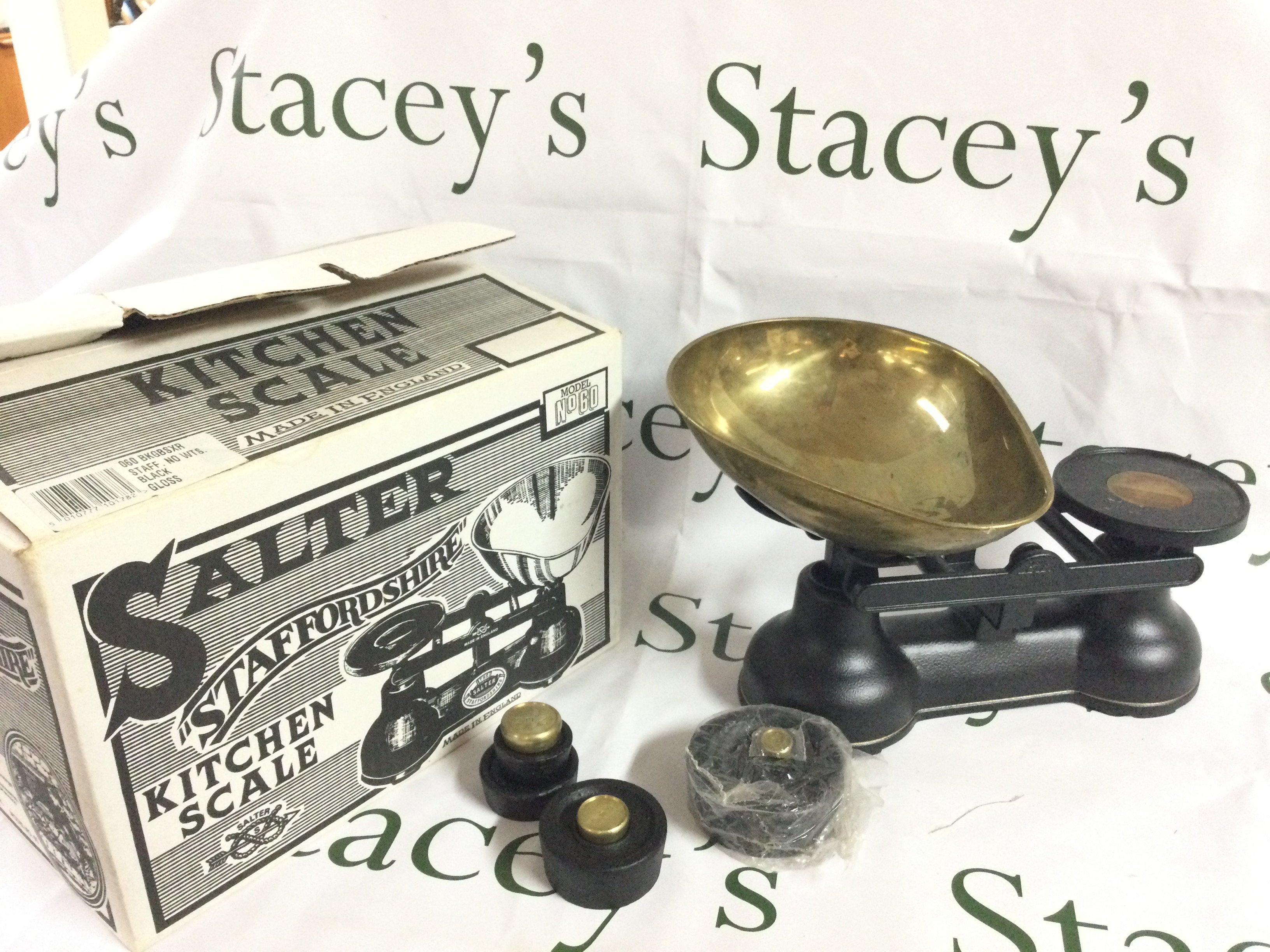 A boxed set of Salter Staffordshire model no60 kitchen scales. Postage category C