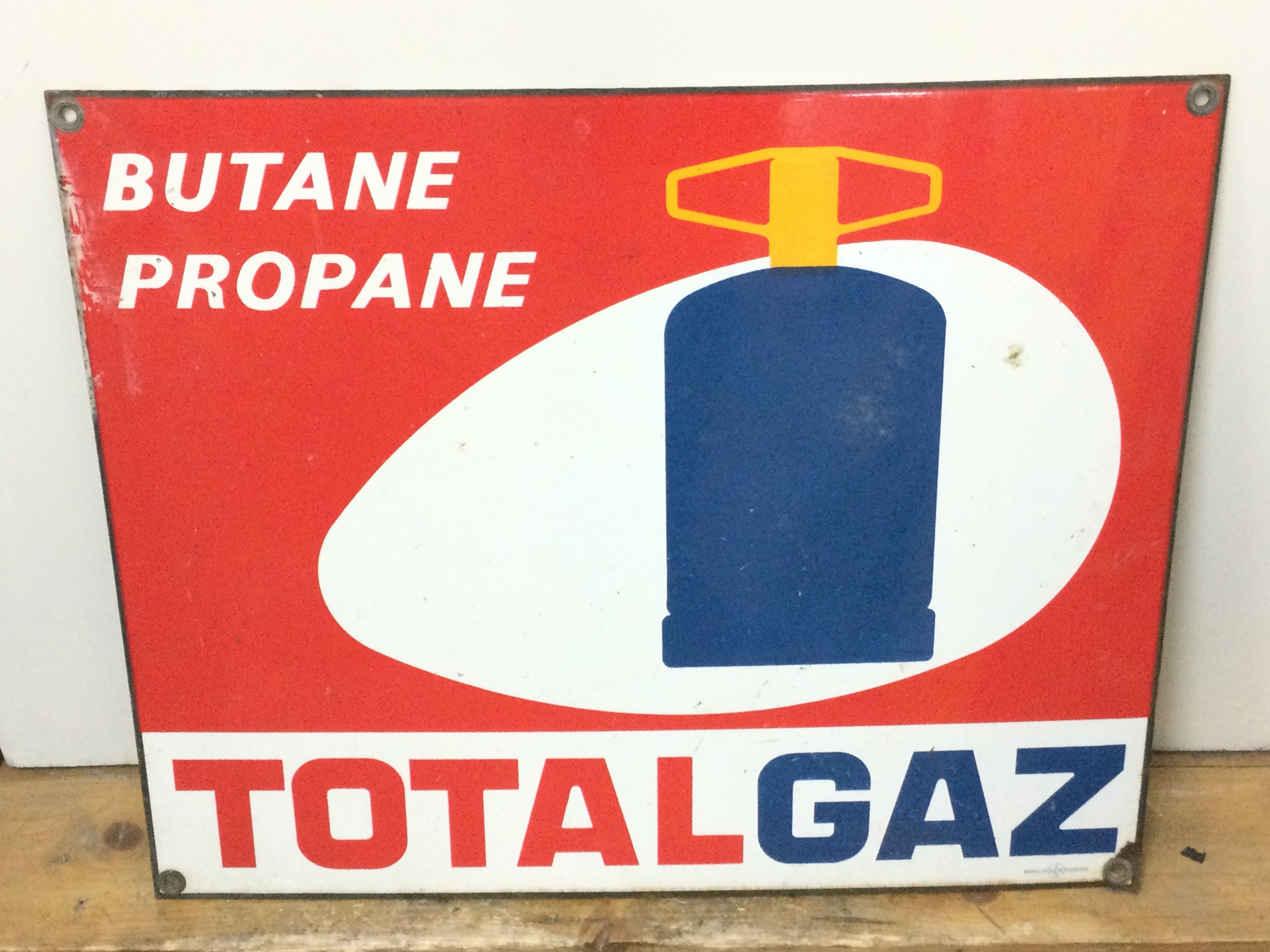 A vintage Butane Propane Total Gaz enamel advertising sign , 60cm wide 50cm tall