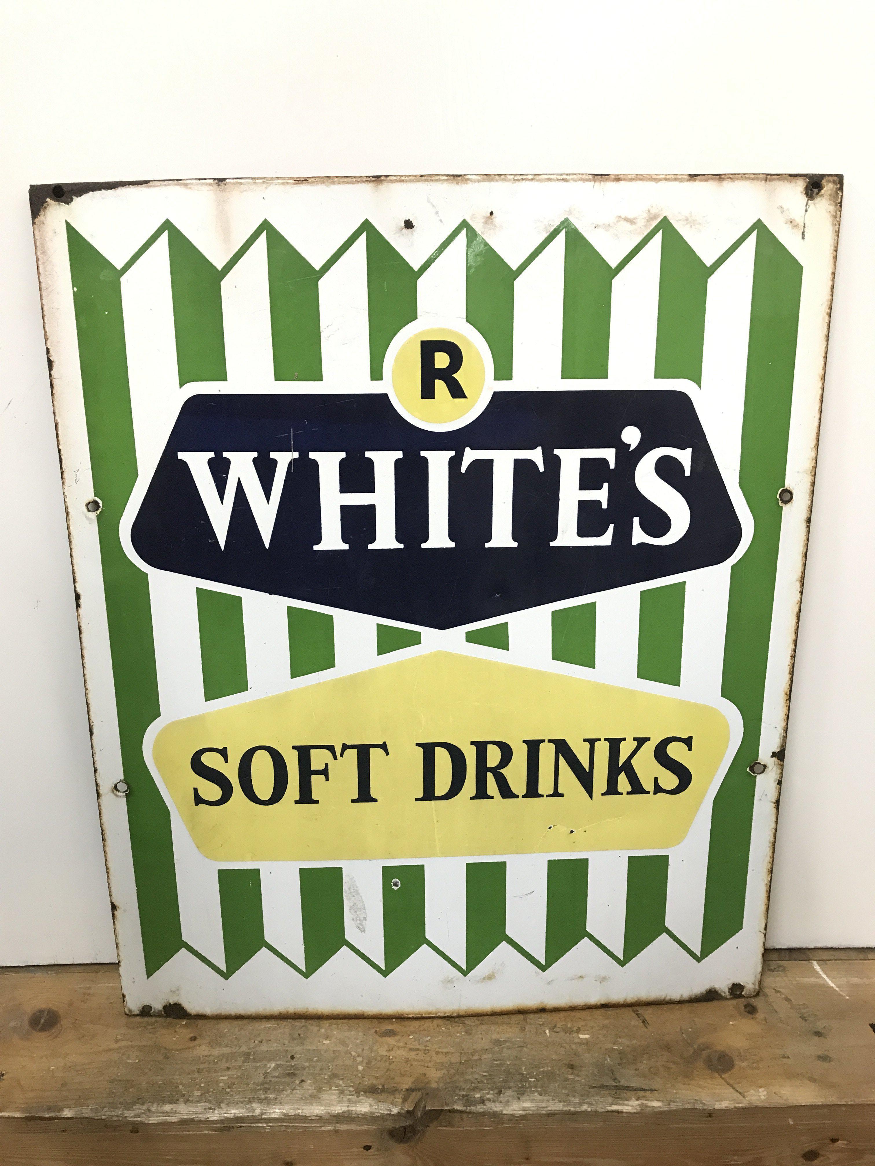 A vintage R Whites Soft Drinks enamel advertising sign 52cm wide 64cm tall
