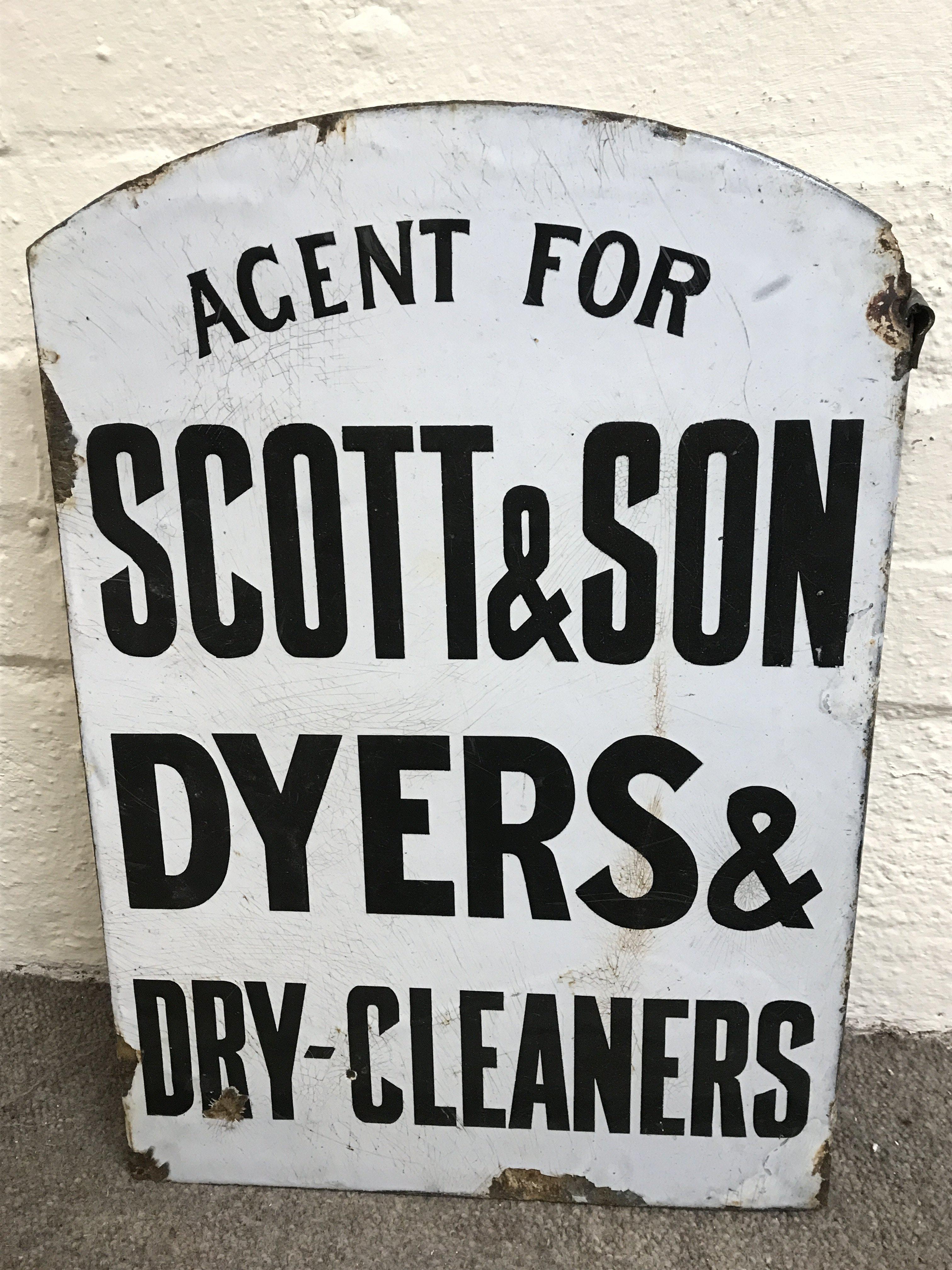 Vintage Scott & Son Dyers & Dry cleaners double sided enamel advertising sign , by Hancock & Corfield London. 32cm wide 46cm tall.
