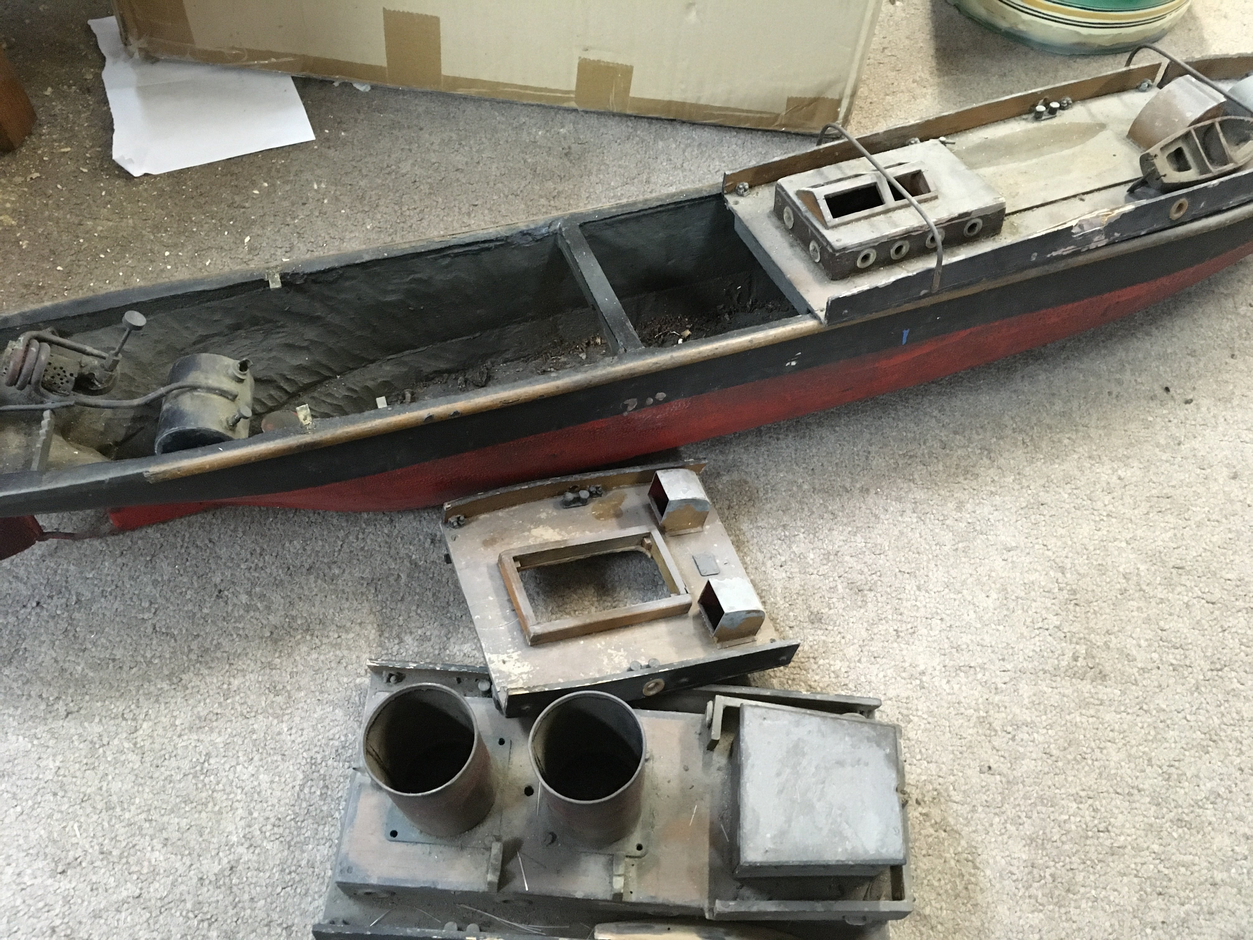 A Scratch built twin funnel boat with burner .