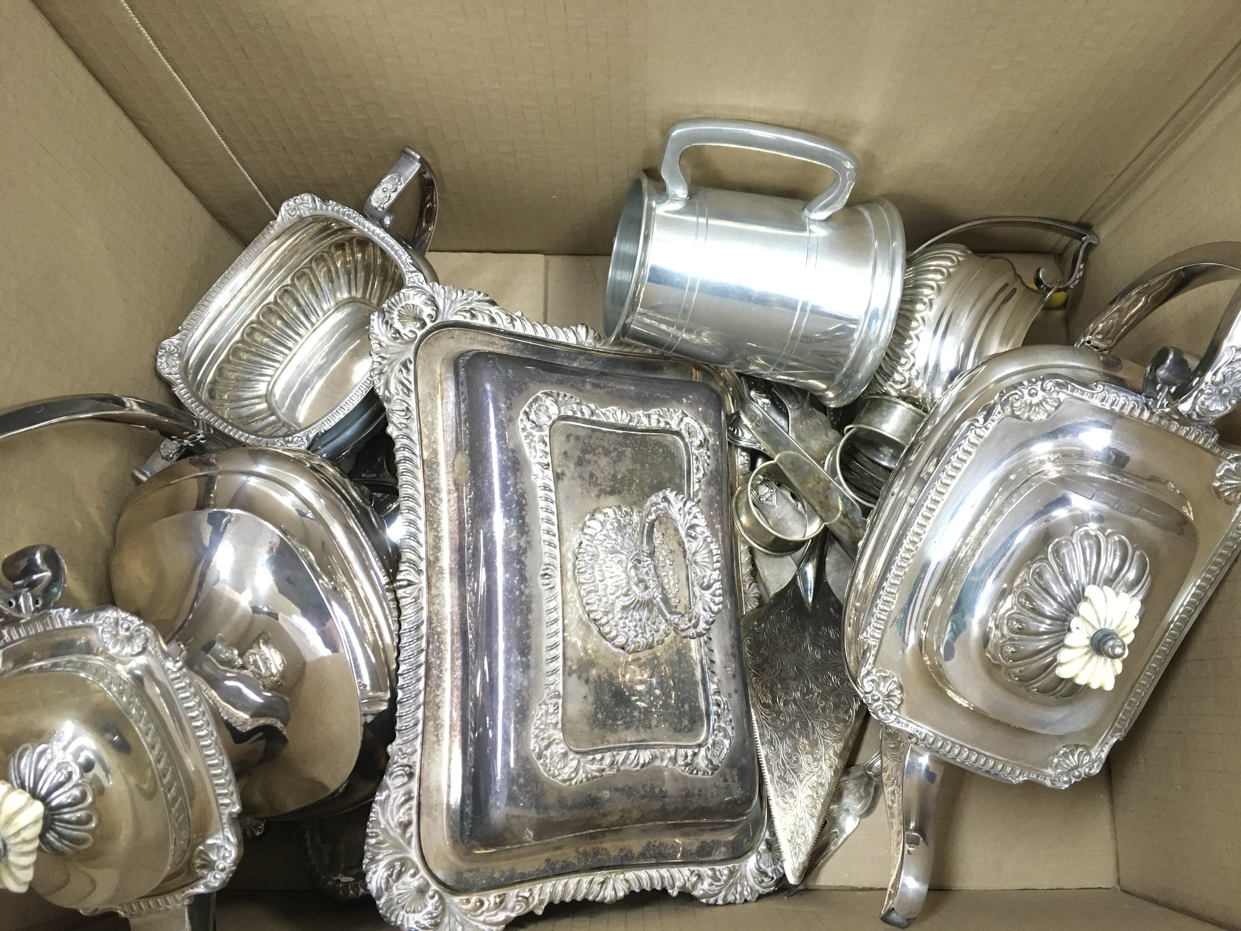 A Box Containing Silver Plate. A Murano Glass Fish and a Russian Egg.