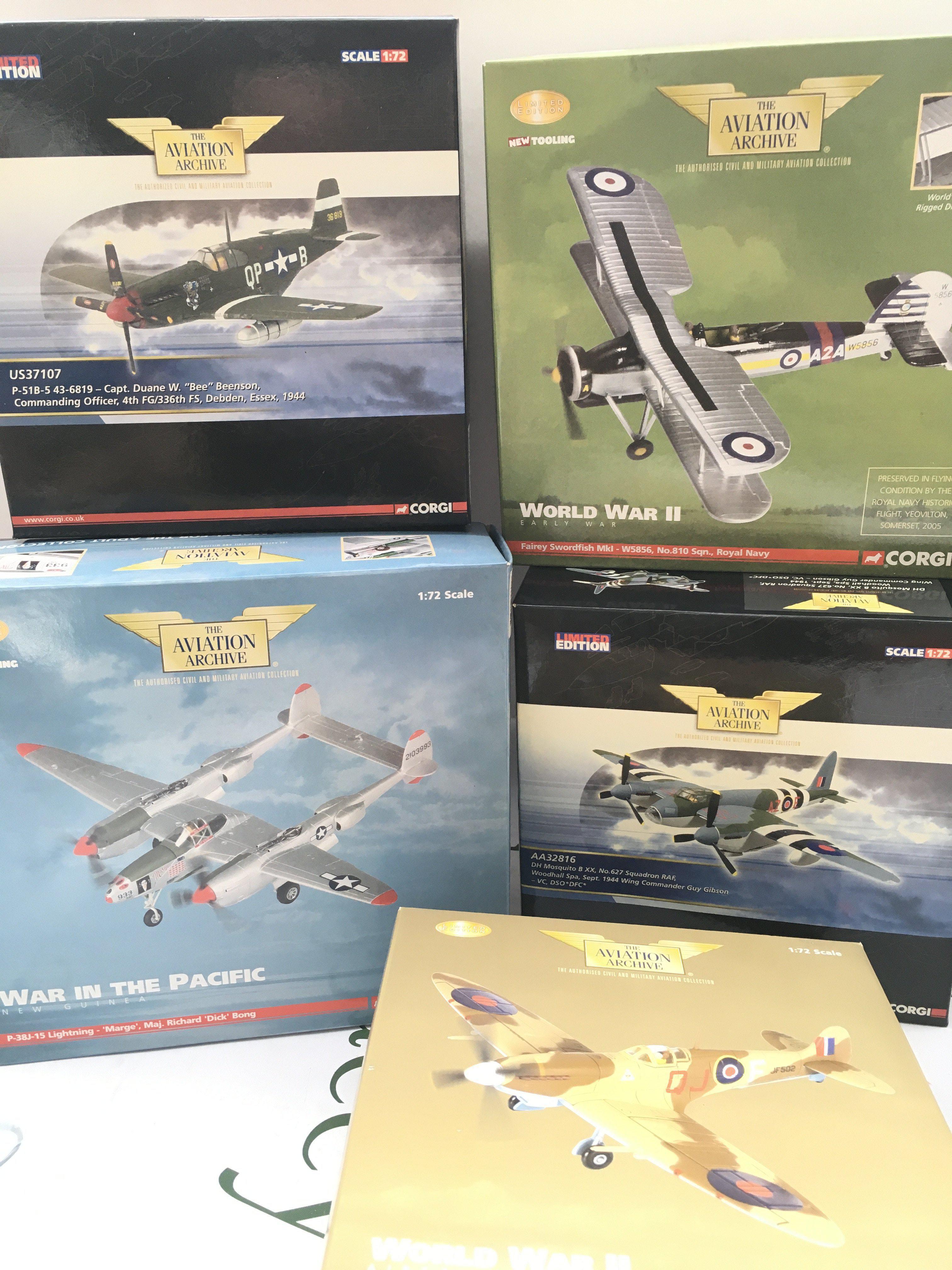 5 Boxed Corgi Aviation Archive Model Aircraft. Including A Spitfire. Mosquito. Lightning. Swordfish And A P-51B. (5).