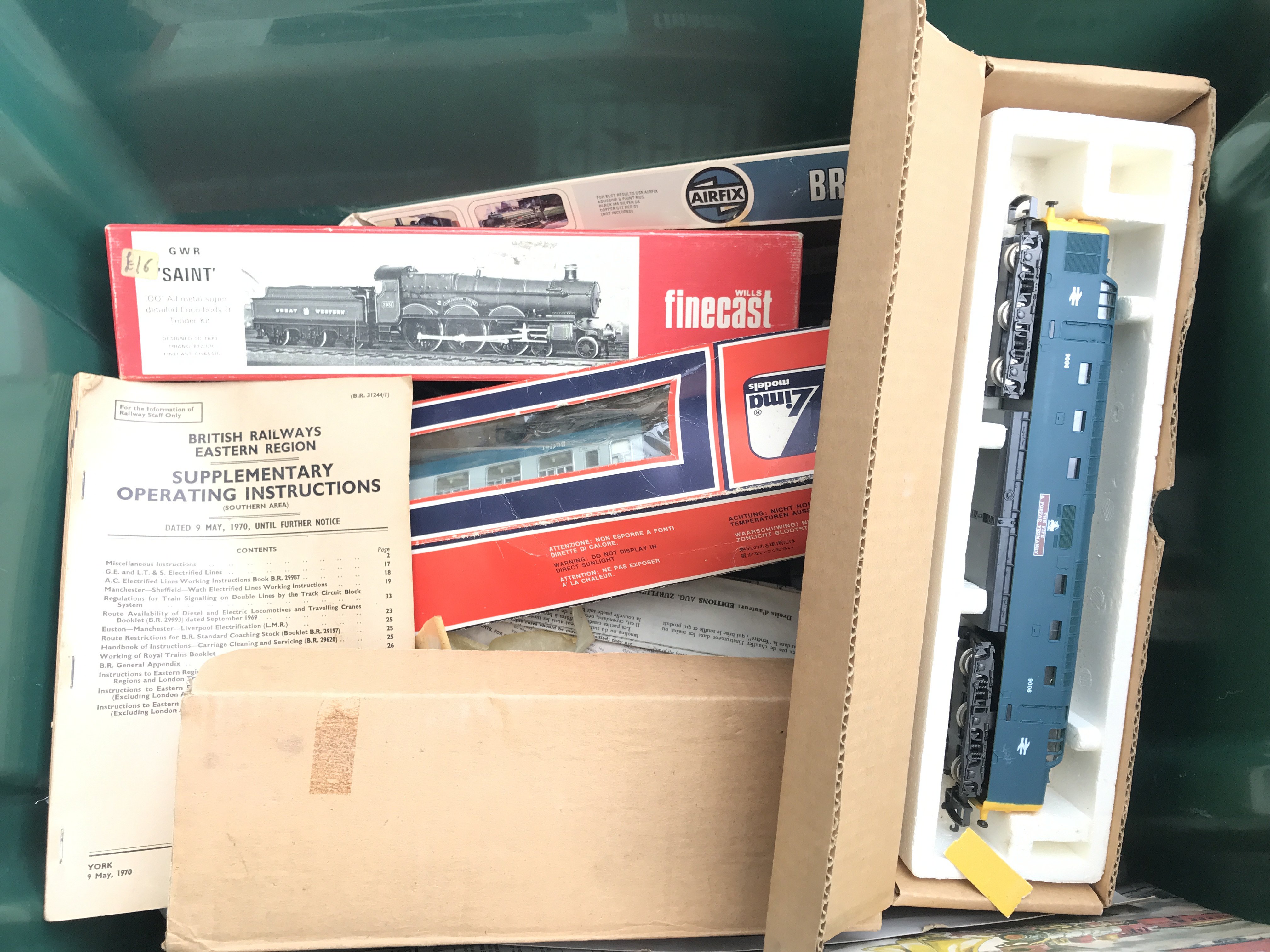 A Box Containing A Collection of 00 Gauge Locos. Track And Model Kits.