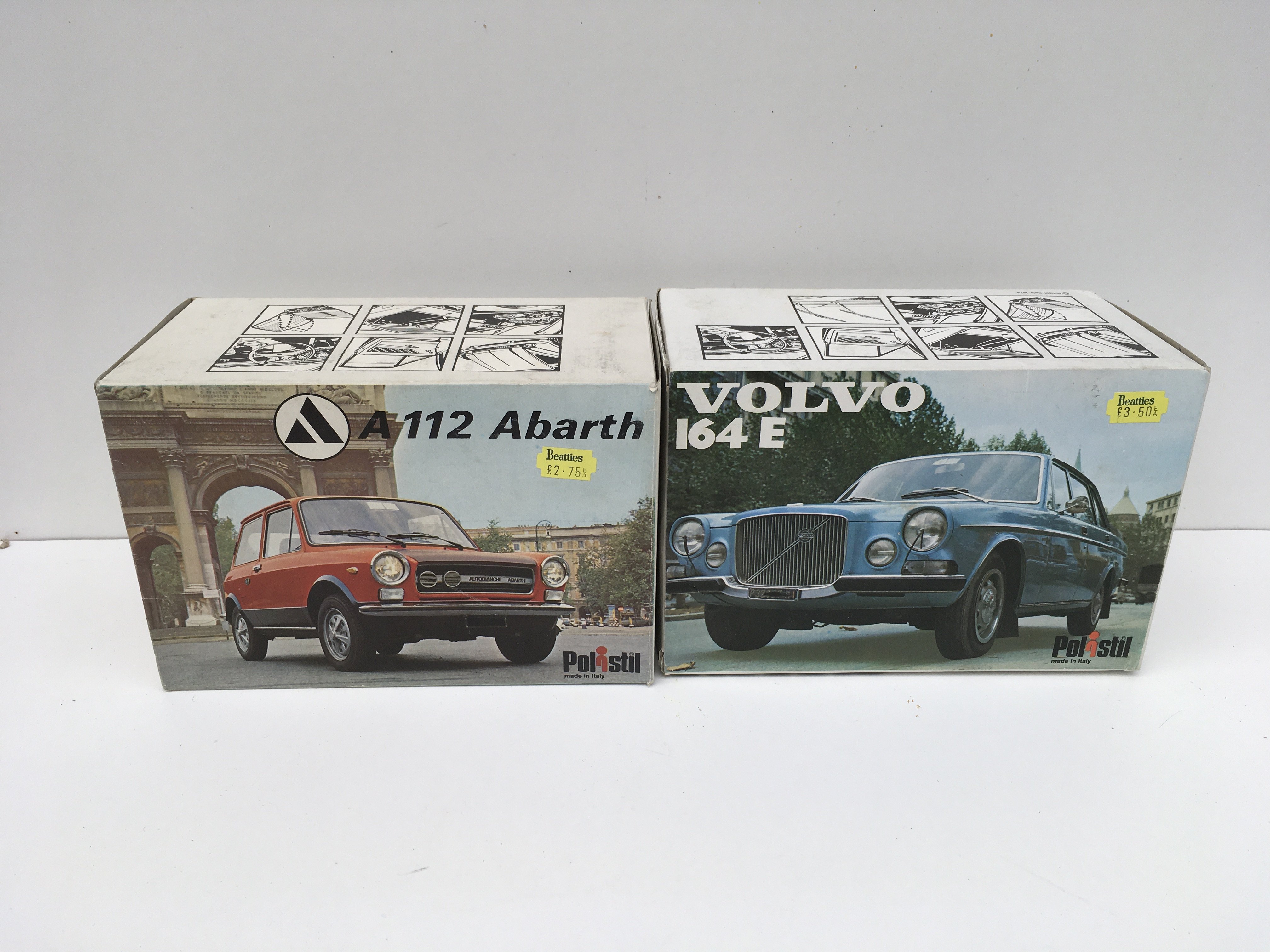 2x Boxed Polistil metal model cars featuring a A112 Abrath and a Volvo 164E. Still mounted on displays. No reserve.