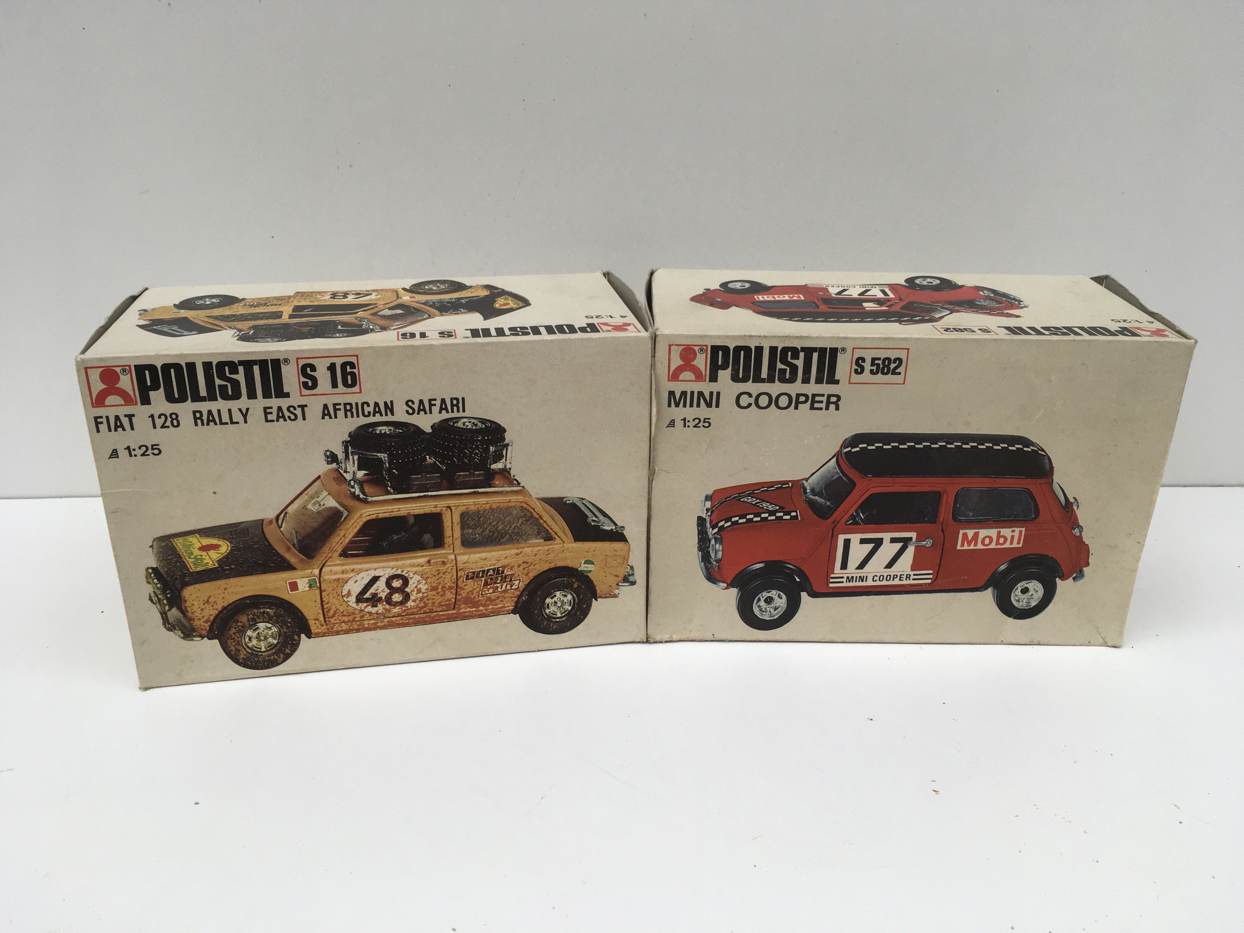 2x boxed model cars by Polistil 1.25 scale. Features S.16 Fiat 128 Rally East African Safari and S582 Mini Cooper 177. No reserve