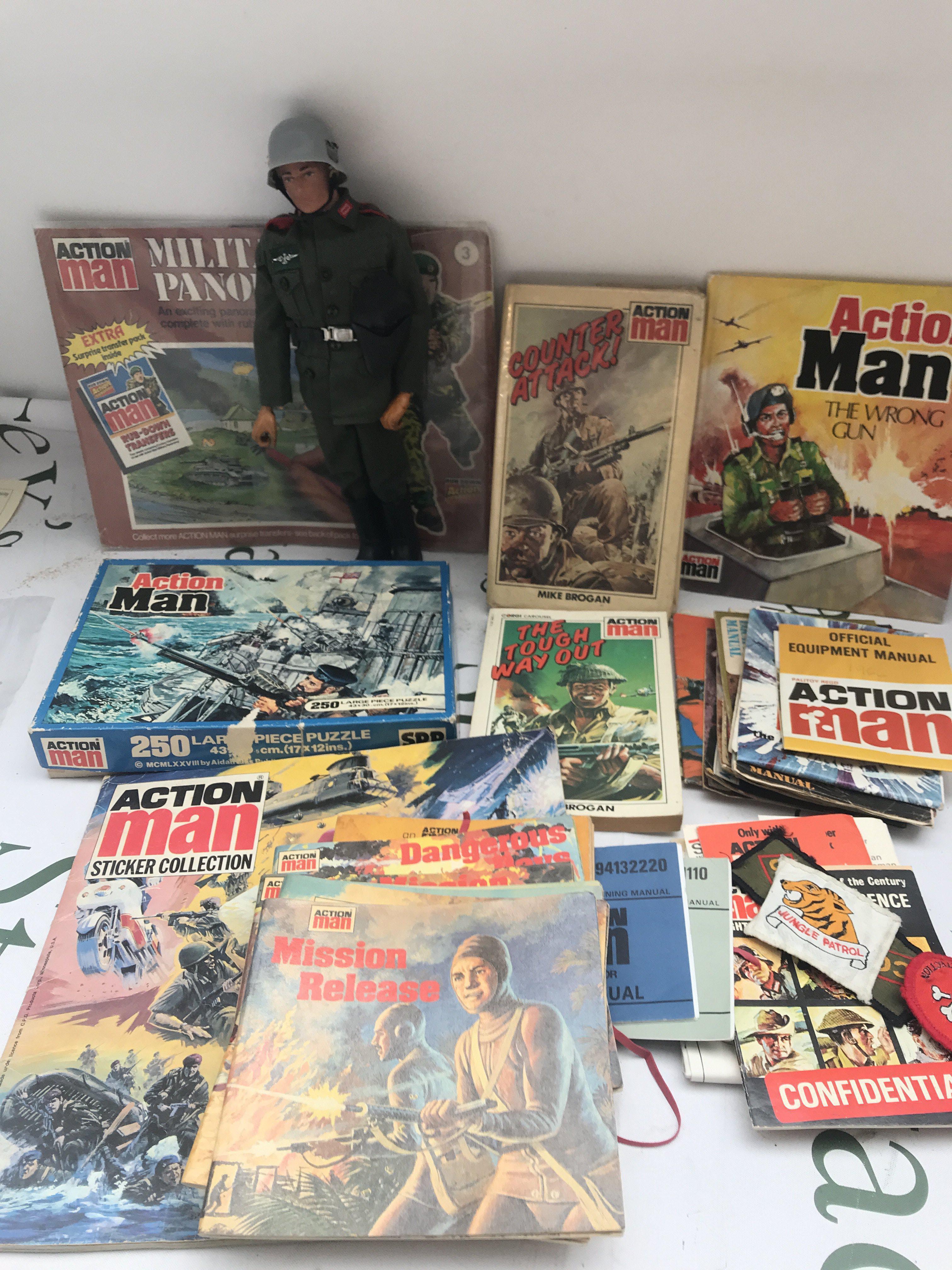 A Vintage Palitoy Action Man With Books. Comics And A Collection Of Accessories. No Reserve.