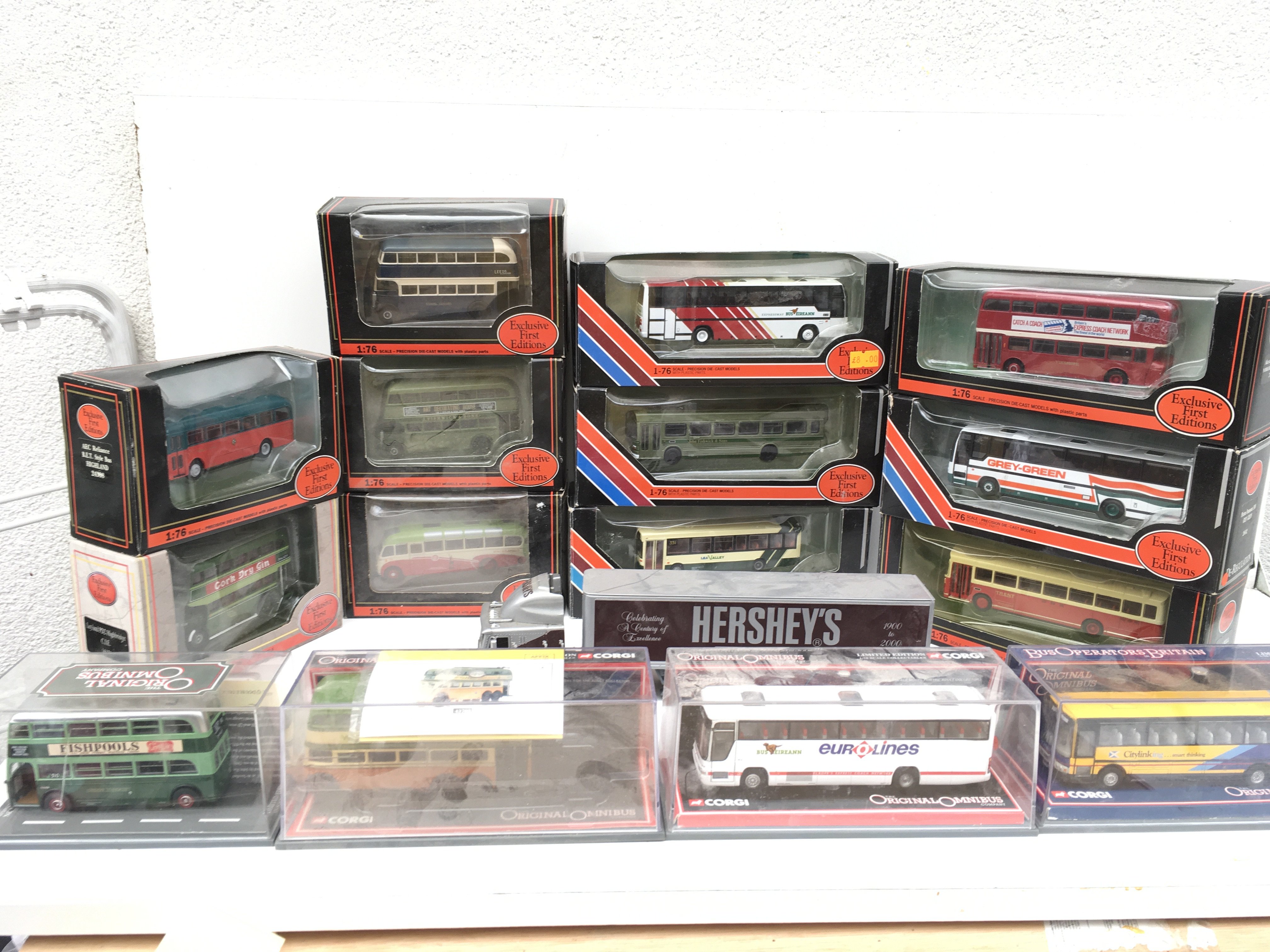 A collection in excess of 15 boxed diecast model vehicles mainly buses or coaches by EFE and Corgi. Also includes a loose Dinky diecast HGV unit and trailer in Hersheys livery. No reserve.