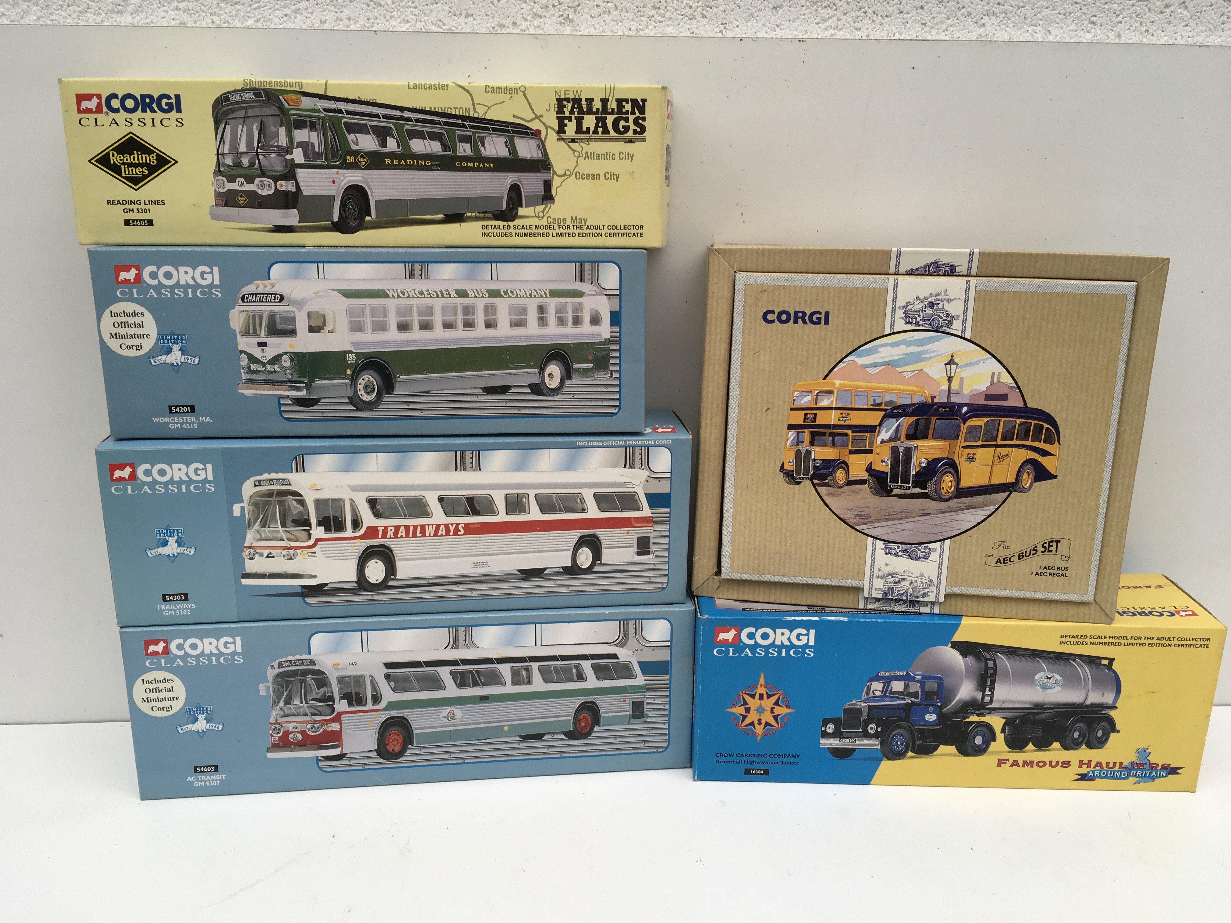 A collection of 6 boxed Corgi Classics mostly coaches but includes a tanker. No reserve