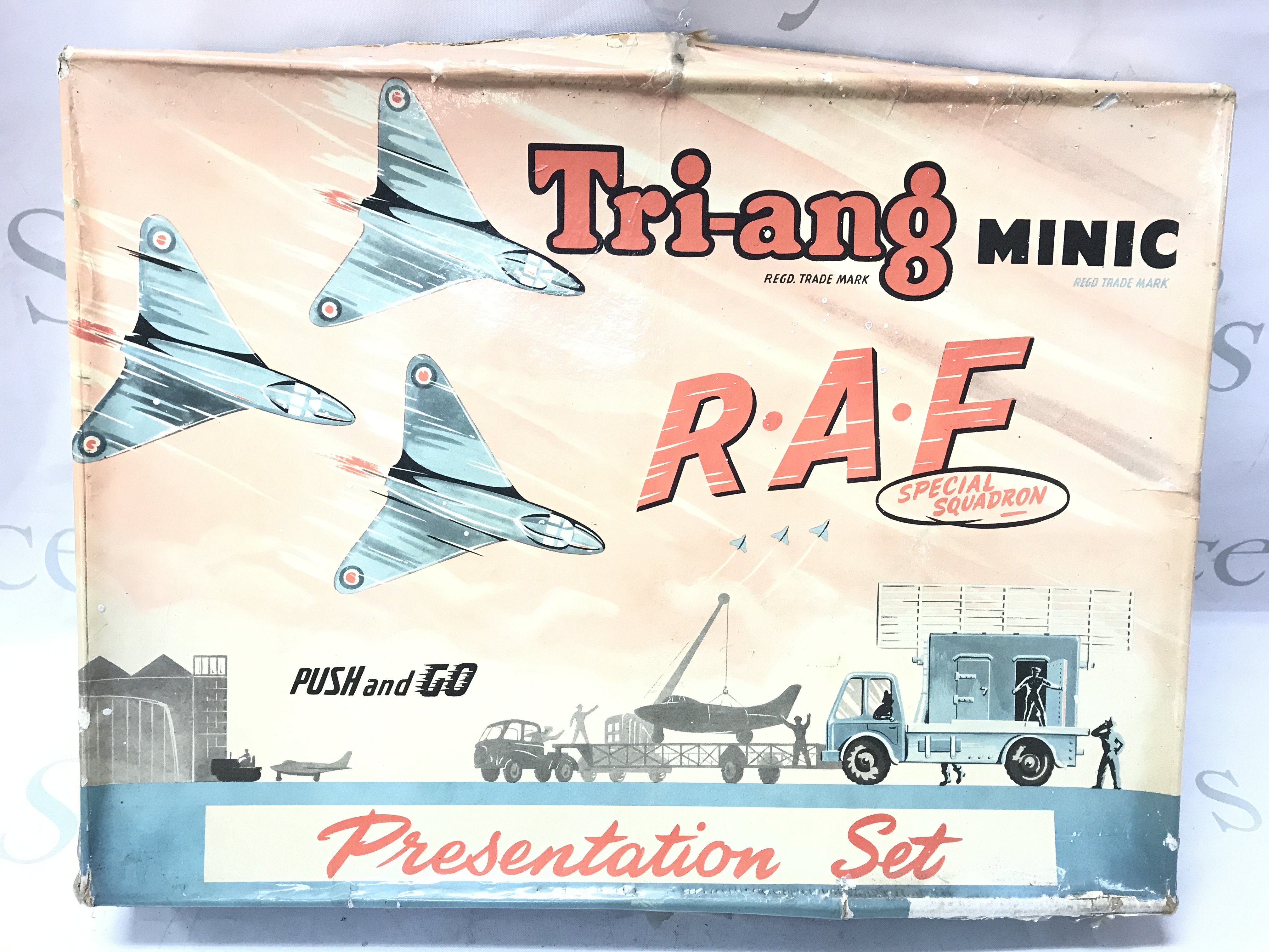A Boxed Tri-Ang/Minic R.A.F Presentation Set. Box Is worn And Parts Missing/Broken. No Reserve.