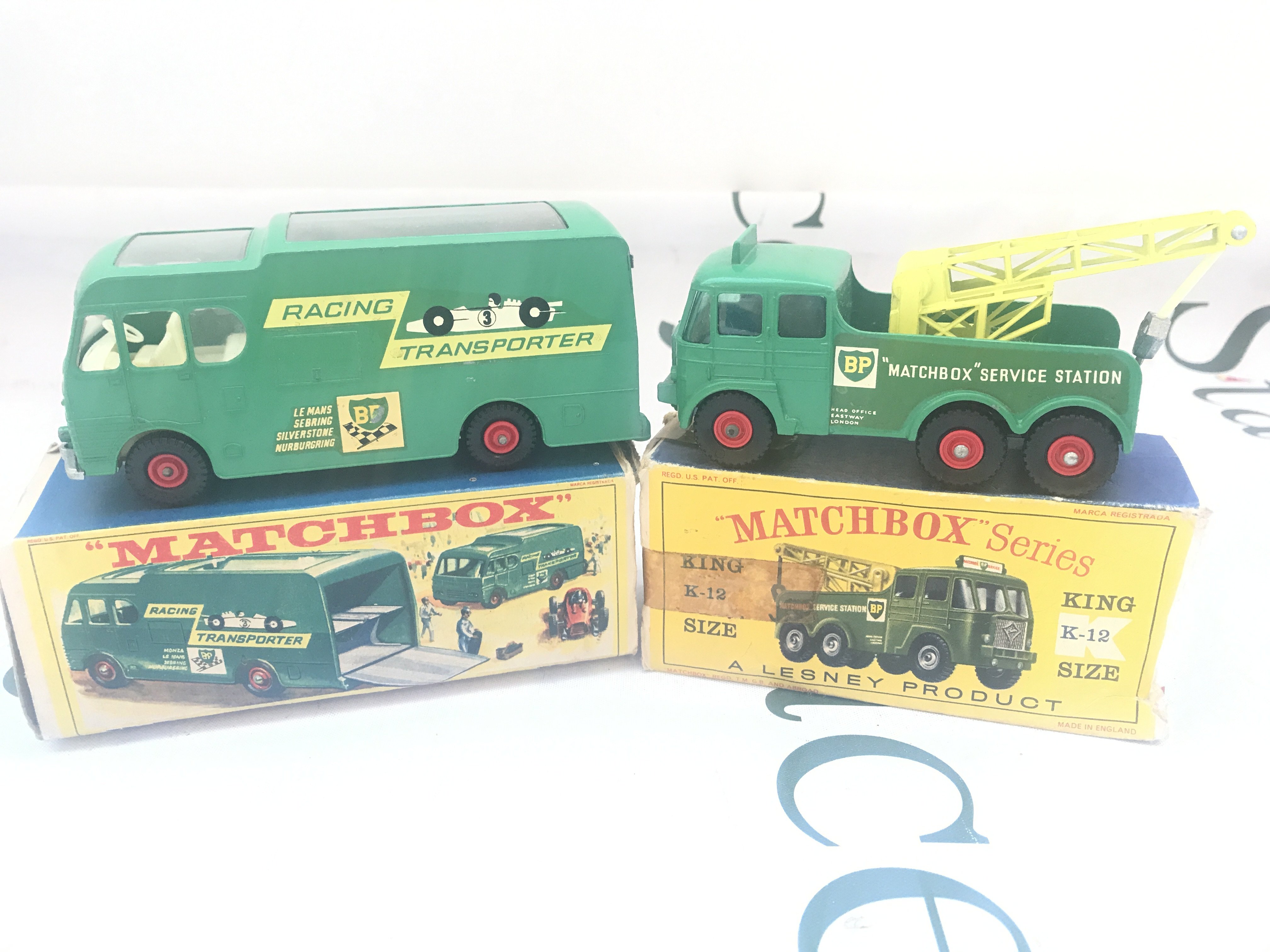 A Boxed Matchbox Racing Car Transporter #K-5 And A Heavy Wreck Breakdown Truck #K-12. Boxes Worn.
