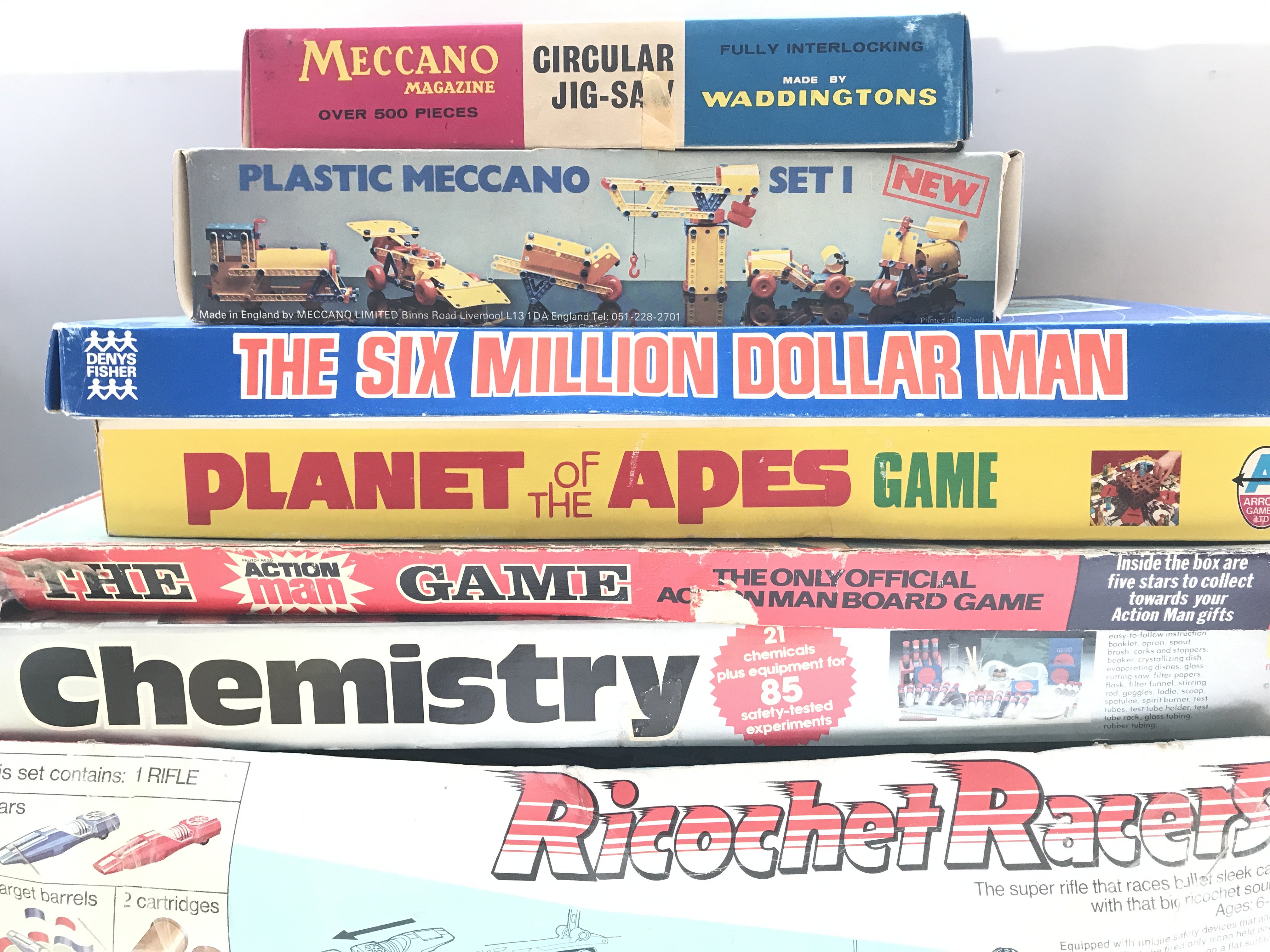 A Collection Of Board Games. A Chemistry Set. A Palitoy Ricochet Racers Etc. No Reserve.