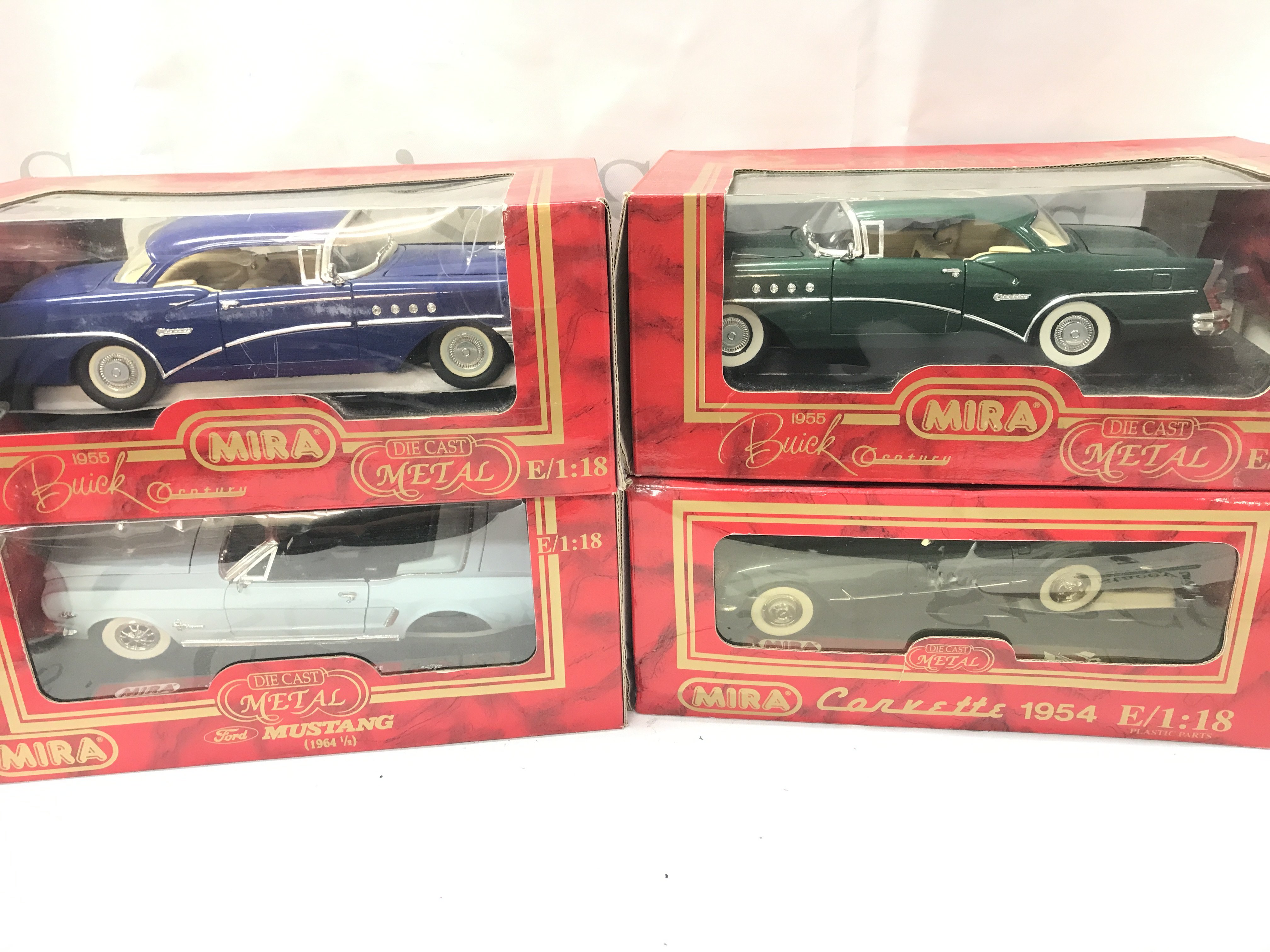 4 X Boxed Mira Diecast Cars, 1/18 Scale. 2 X Buicks A Corvette And A Mustang (Damaged). No Reserve.