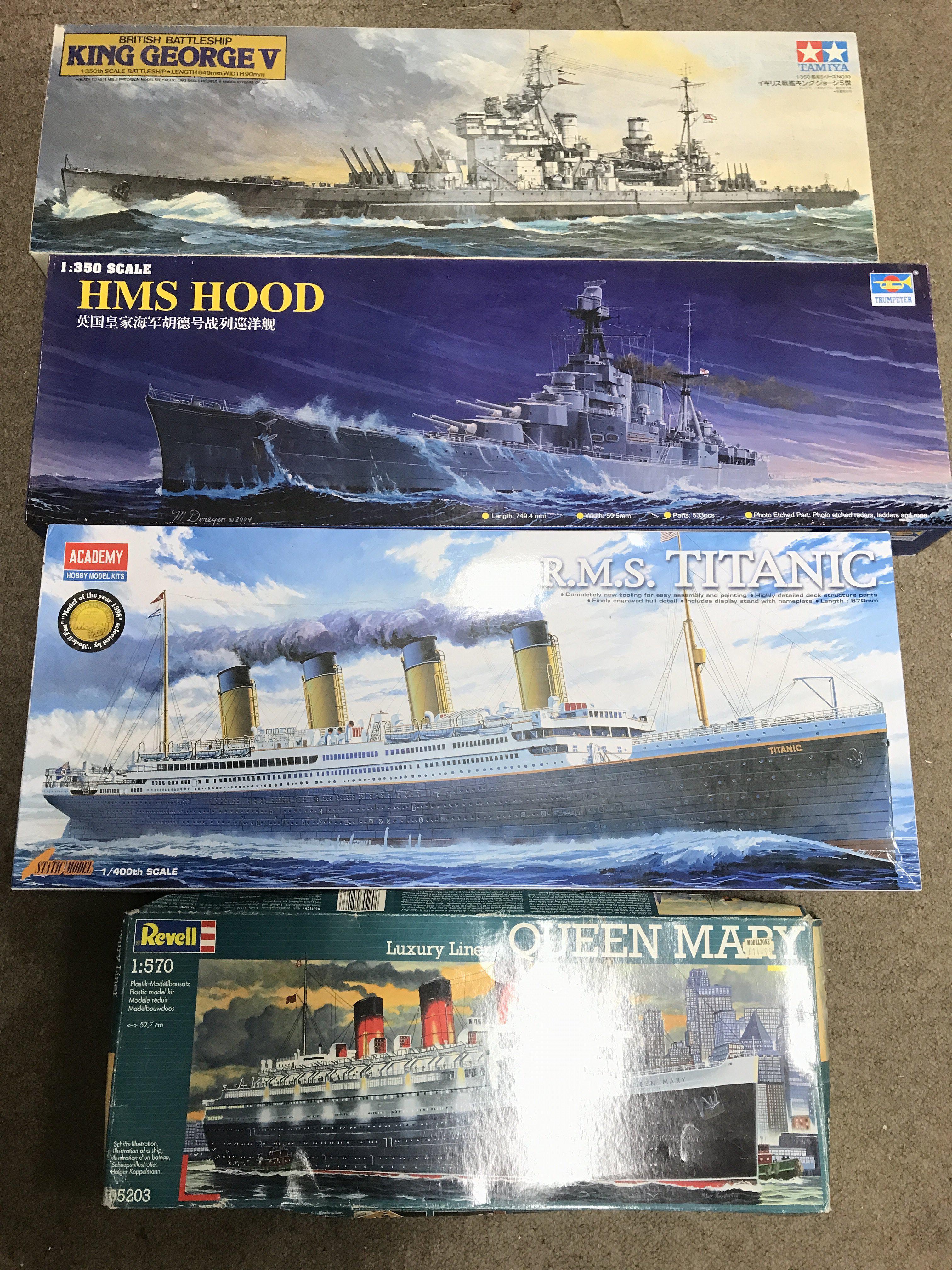 4 X Boxed Model Kits. A Trumpeter HMS Hood 1/350 Scale. A Academy RMS Titanic 1/400 Scale. A Revell Queen Mary 1/570 Scale (Parts Missing) And A Part Built Tamiya King George V1/350 Scale. No Reserve. (4).