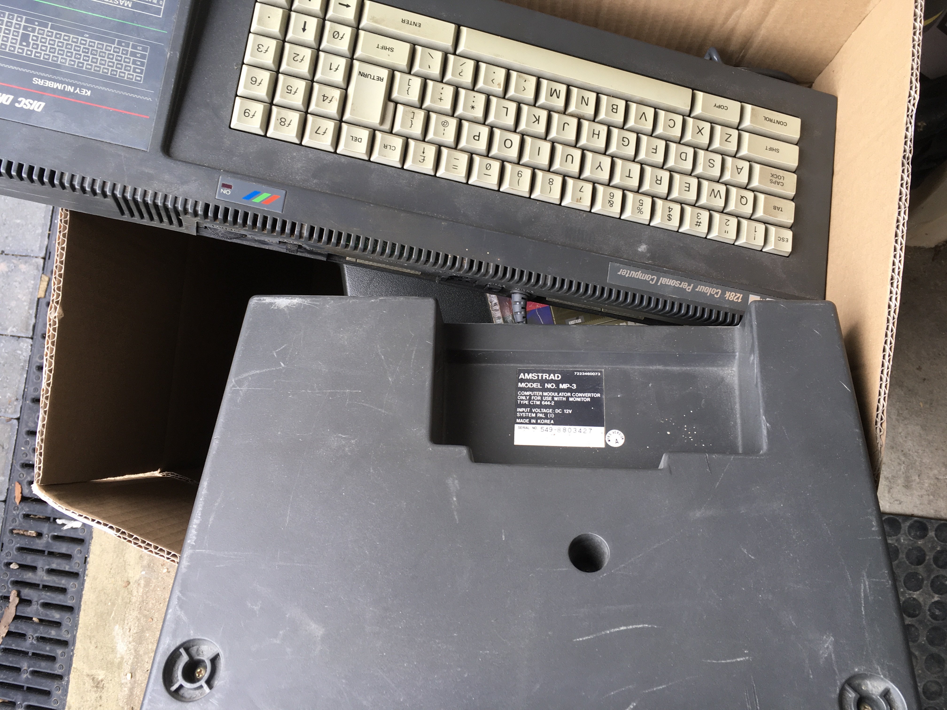 3x AMSTRAD Computer items includes a CPC6128 personal computer..a CTM 644 colour monitor a modulator converter .. protect manual Plus some cables and manual.. no reserve