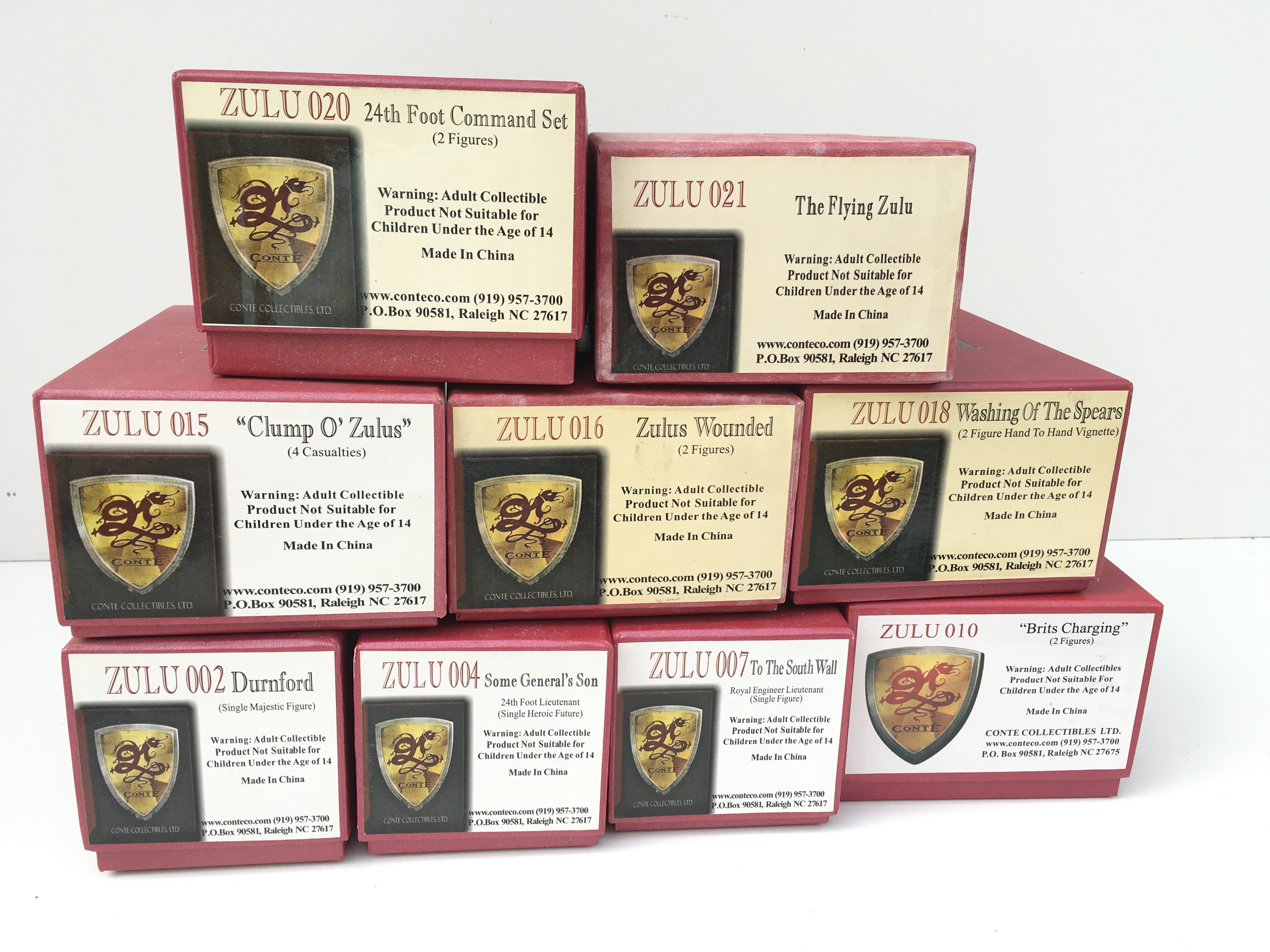 A collection of 9x boxed military figures by Conte Collectibles. Includes Zulu 002 004. 007. 010. 015. 016. 018. 020 and 021. No reserve