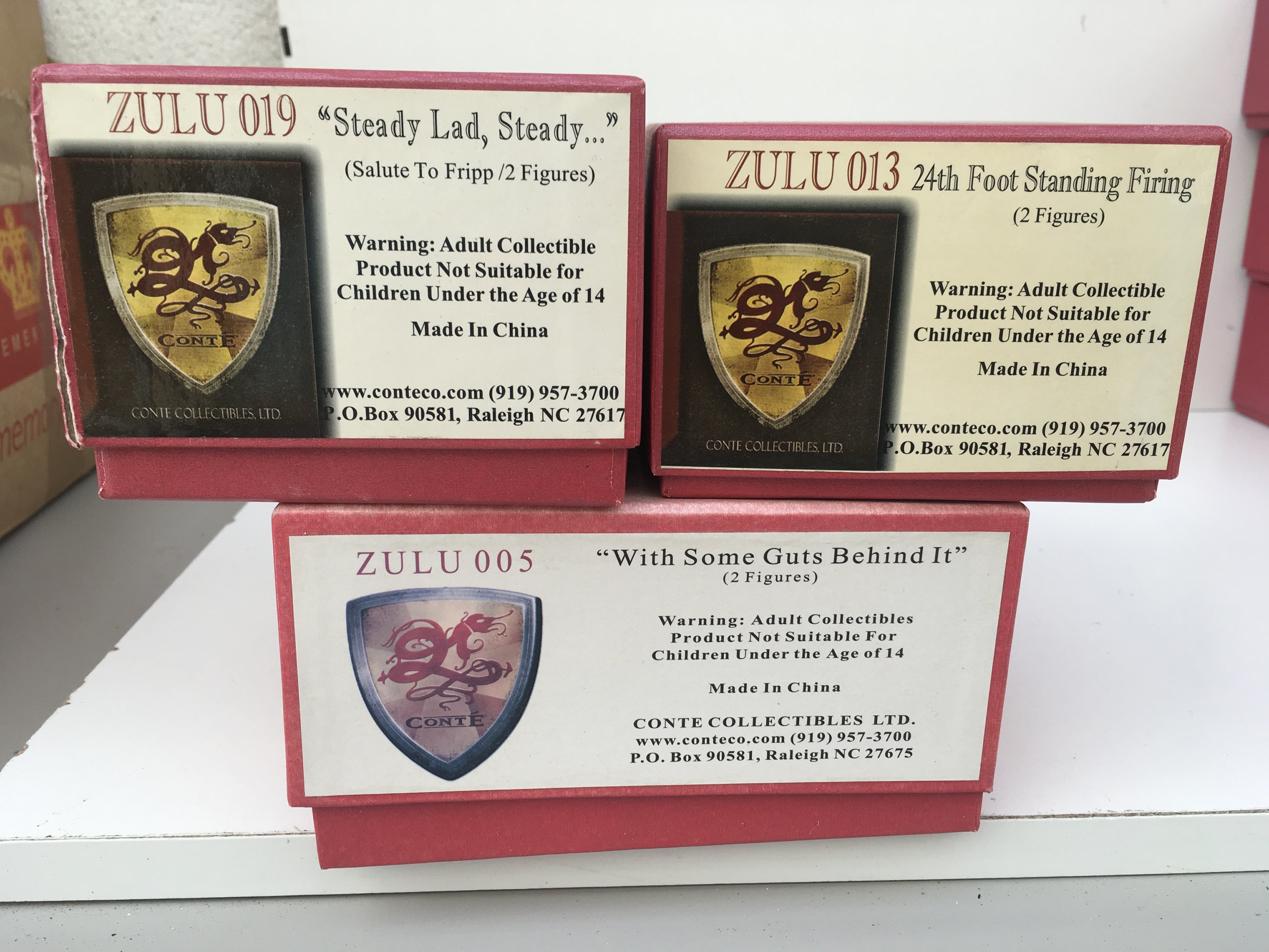 3x boxed metal Minature military figures by Conte Collectibles in the Zulu series. Includes Zulu 005 ..Zulu 013 and Zulu 019. No reserve