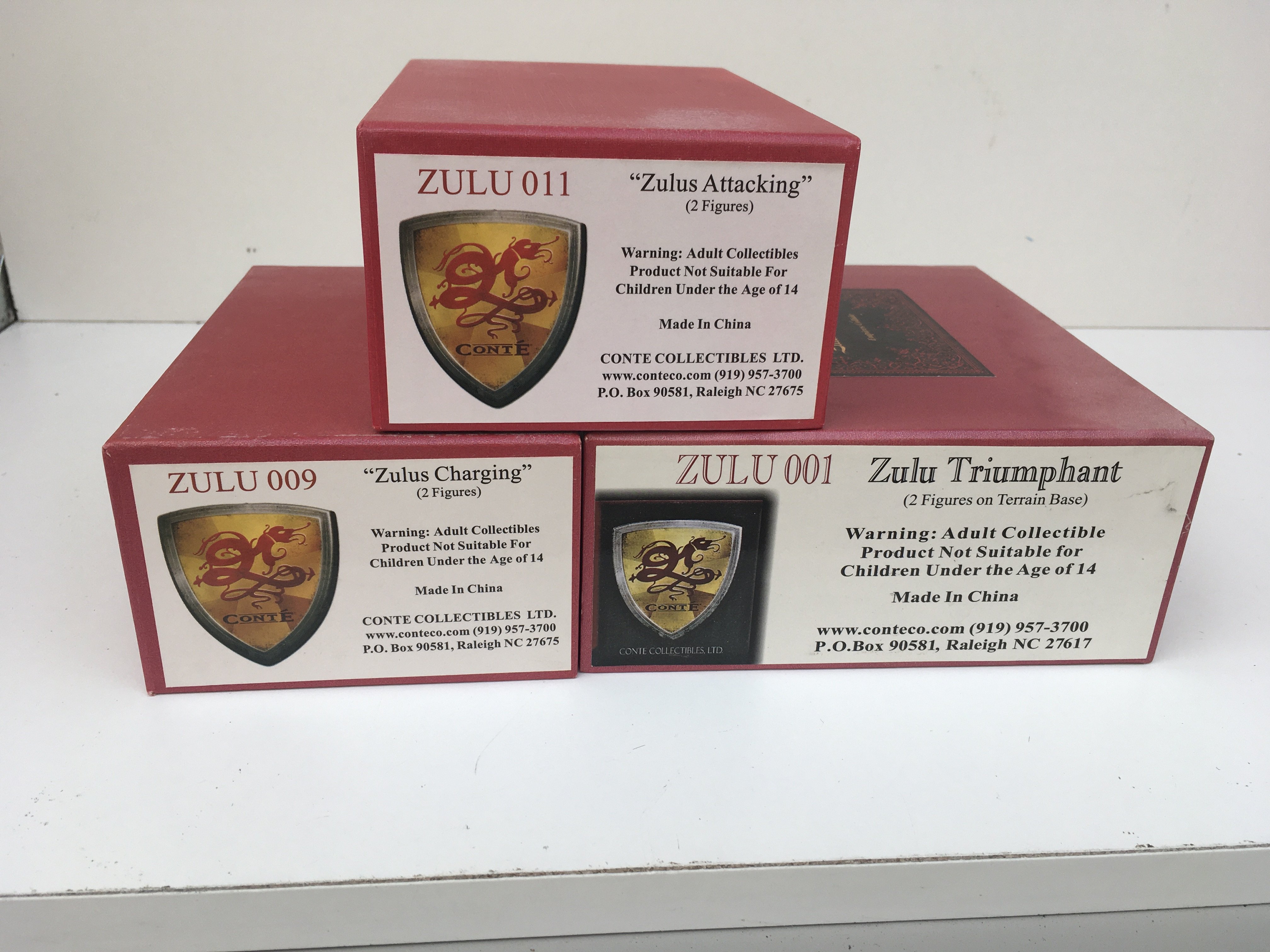 3x boxed metal military miniature models by Conte Collectibles in the Zulu series. Includes Zulu 001. . Zulu 009 and Zulu 011. No reserve.