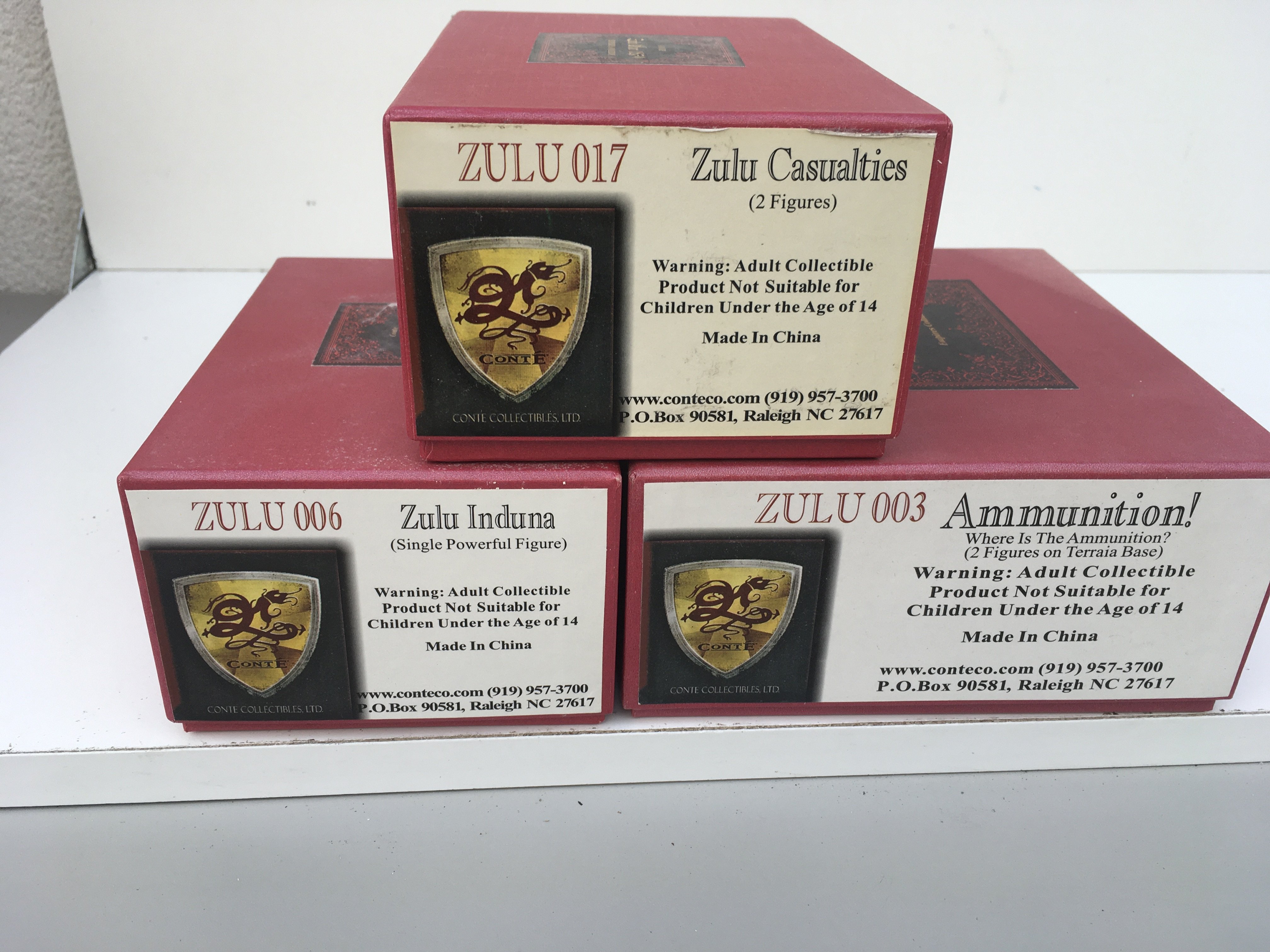 3x boxed metal military Minatures by Conte Collectibles in the Zulu series. Includes Zulu 003..Zulu 006 and Zulu 017. No reserve.