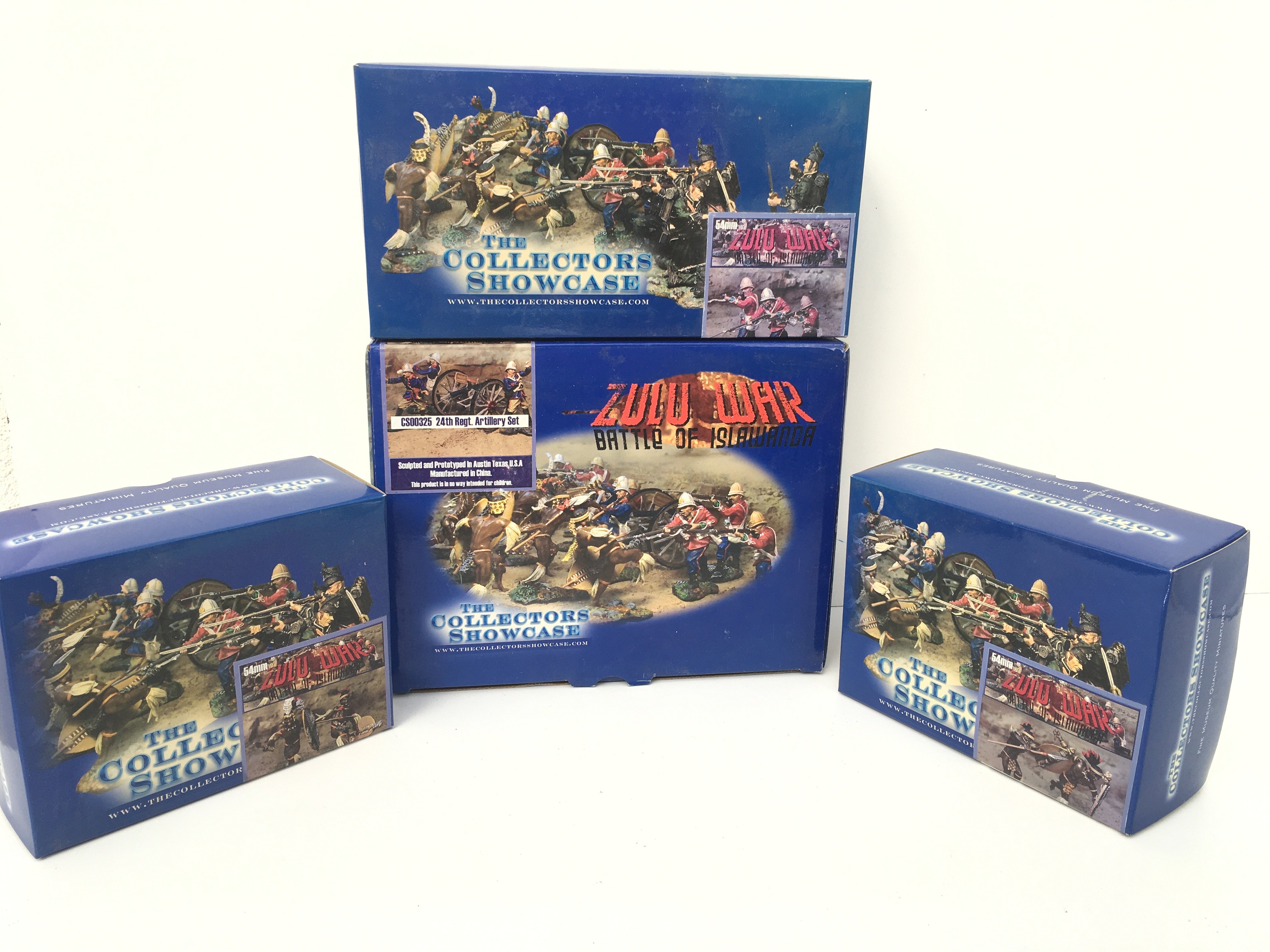 A collection of 4x boxed 54mm Minature Military models by The Collectors Showcase in the Zulu War series. Features CS00326 ..CS00328..CS00325..CS00327. No reserve