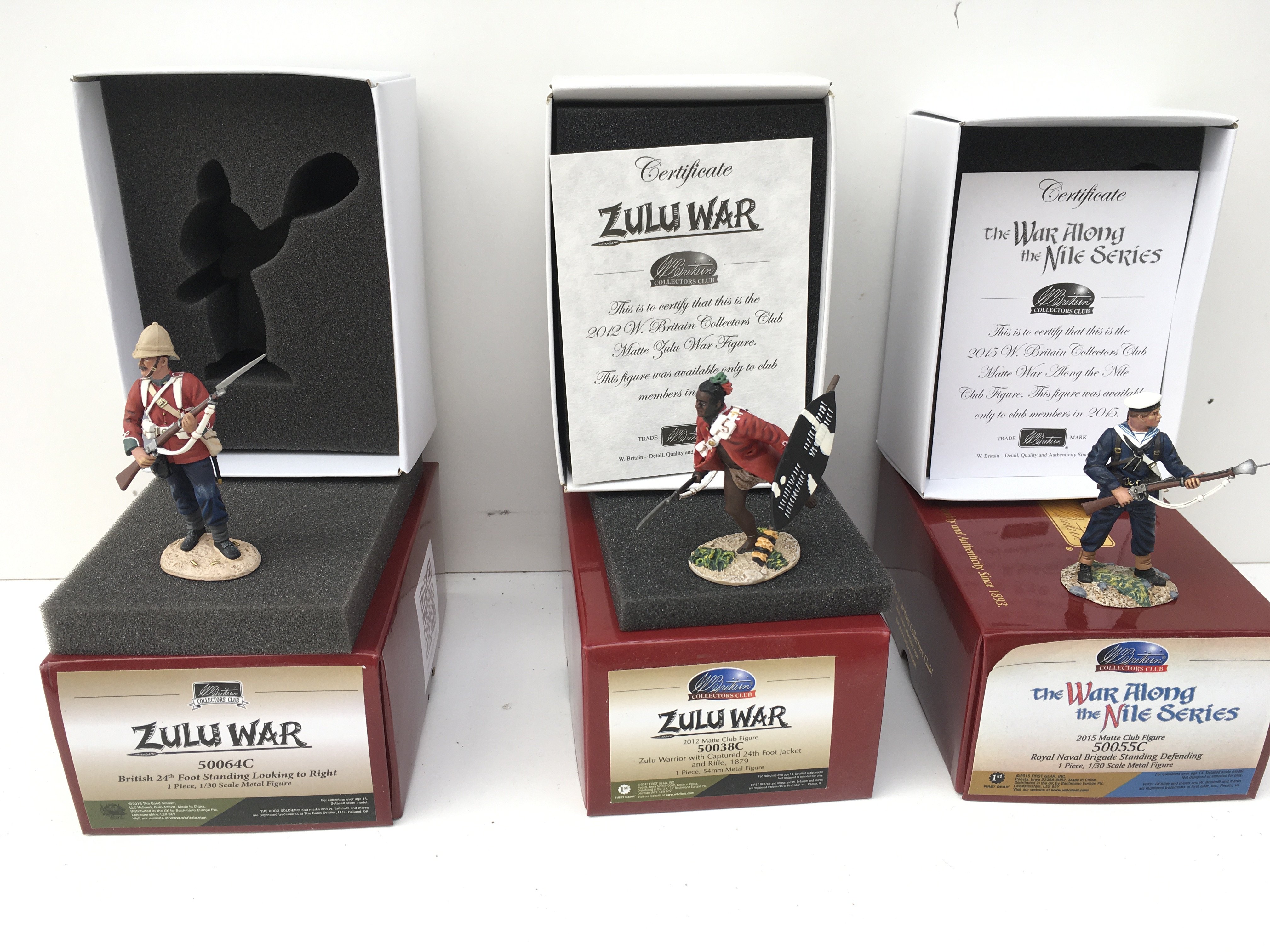3x boxed Military Minature models by Britain featuring Zulu War 50038C and 50064C also war Along the Nile 50055C. Certificates. No reserve
