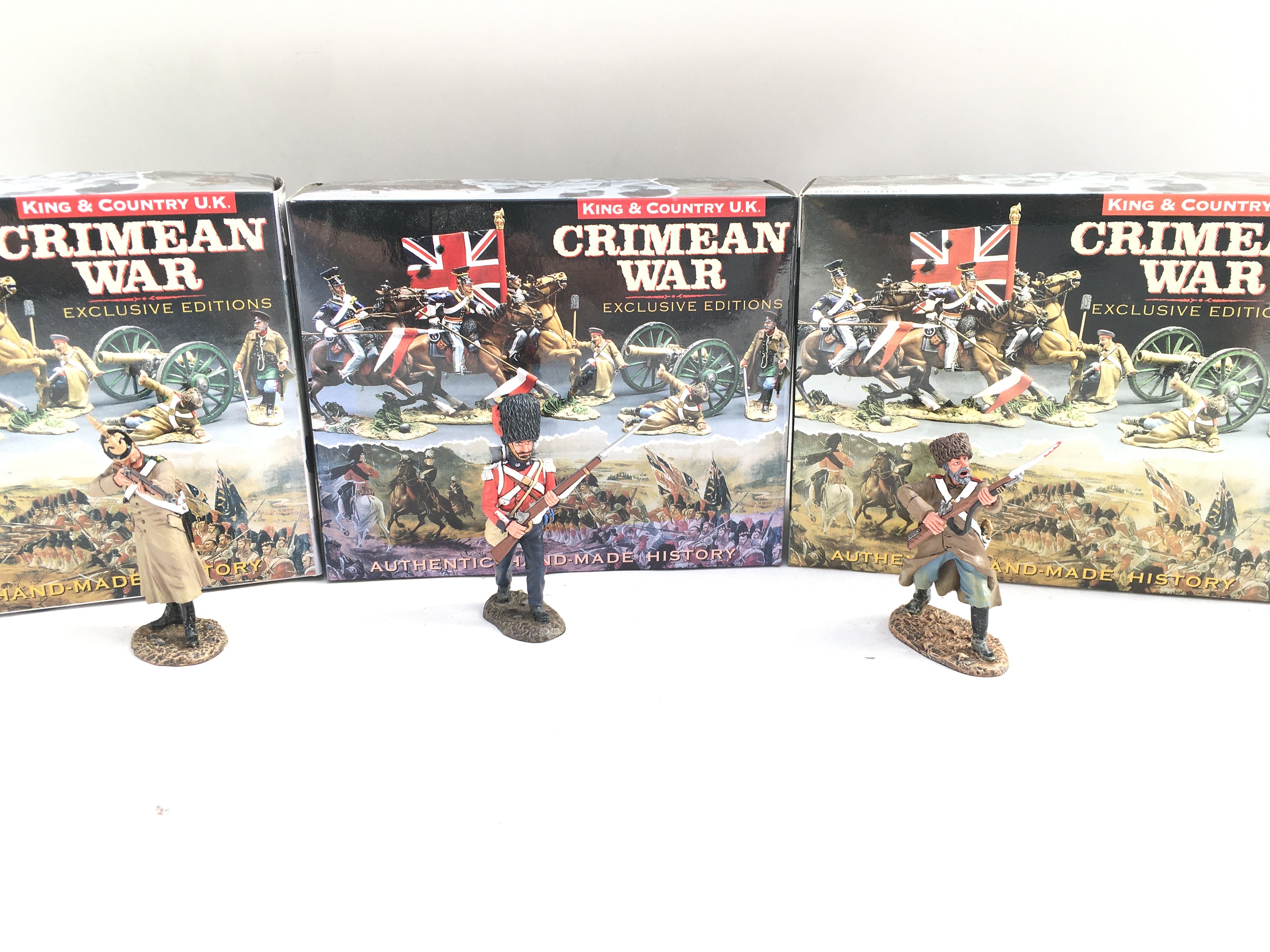 3 X Boxed King And Country Crimean Figures.Russian Standing. Coldstream Guardsman And Russian Gunner.