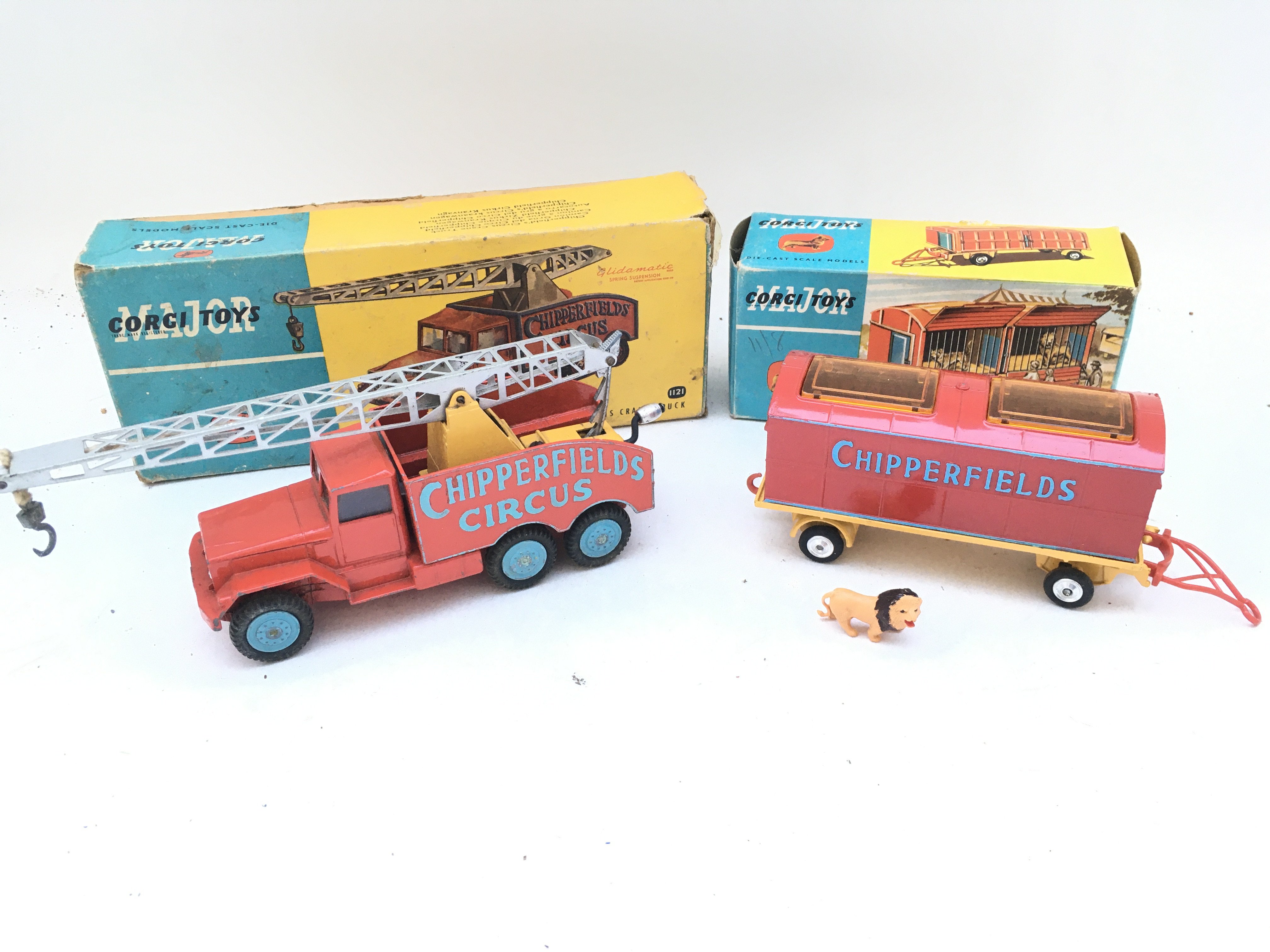 A Boxed Corgi Chipperfields Circus Crane Truck #1121 And A Circus Animal Cage.