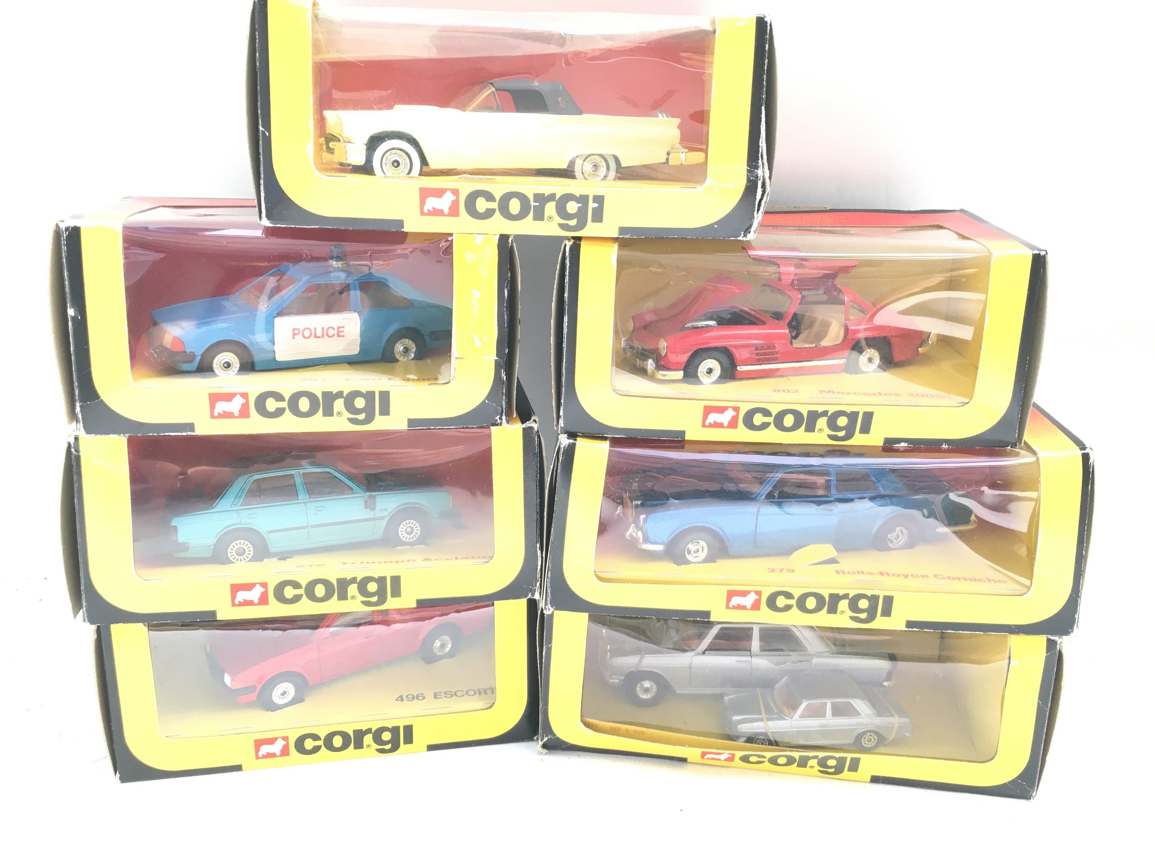 7 X Boxed Corgi Cars. Including A Ford Thunderbird. Ford Escorts. Rolls-Royce Etc.