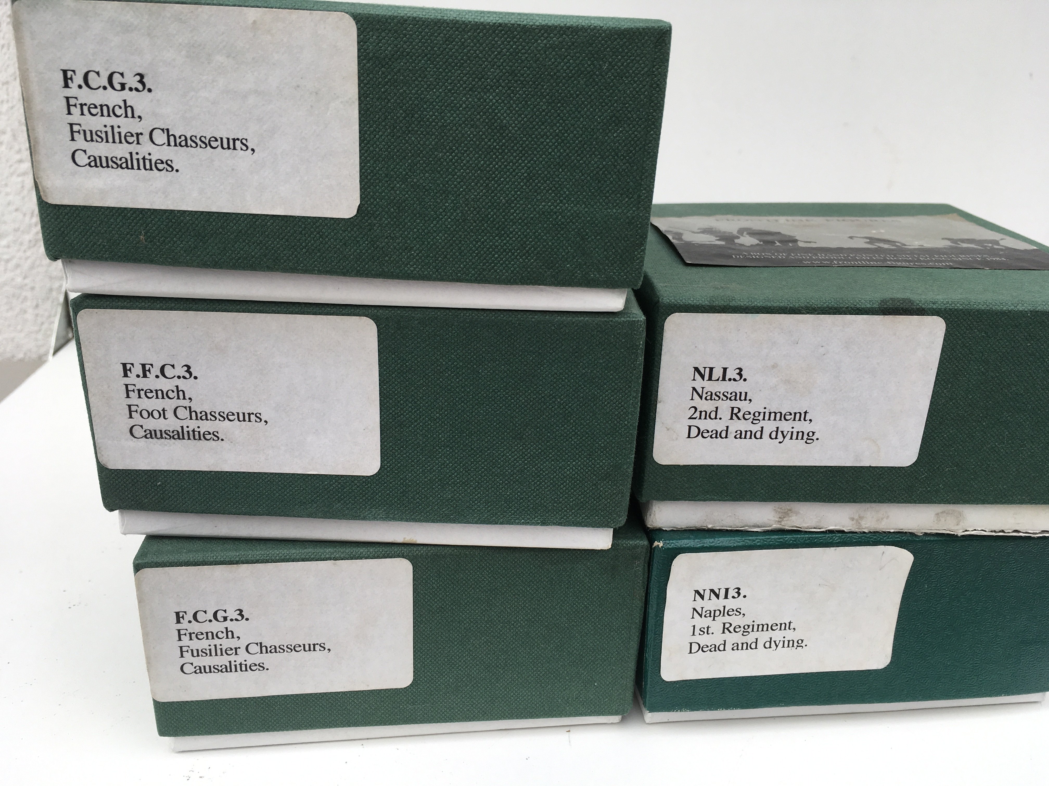 5x boxed Minature military models by Frontline Figures featuring FGC3 x3. NLI3 and NNI3. All are casualties.
