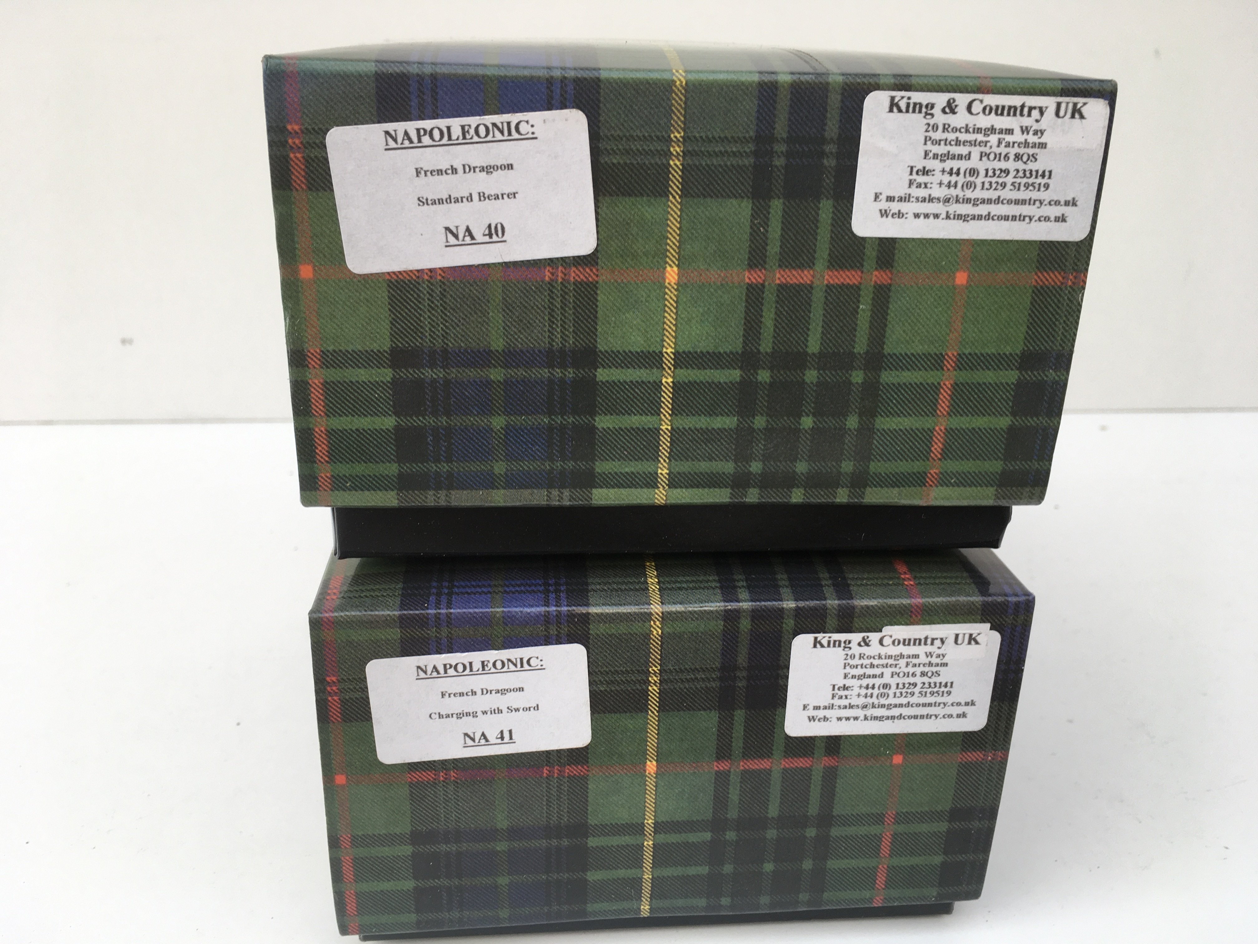 2x boxed King and Country Napoleonic Minature Military models featuring NA40 French Dragoon Standard Bearer and NA41 French Dragoon Charging with Sword. No reserve.