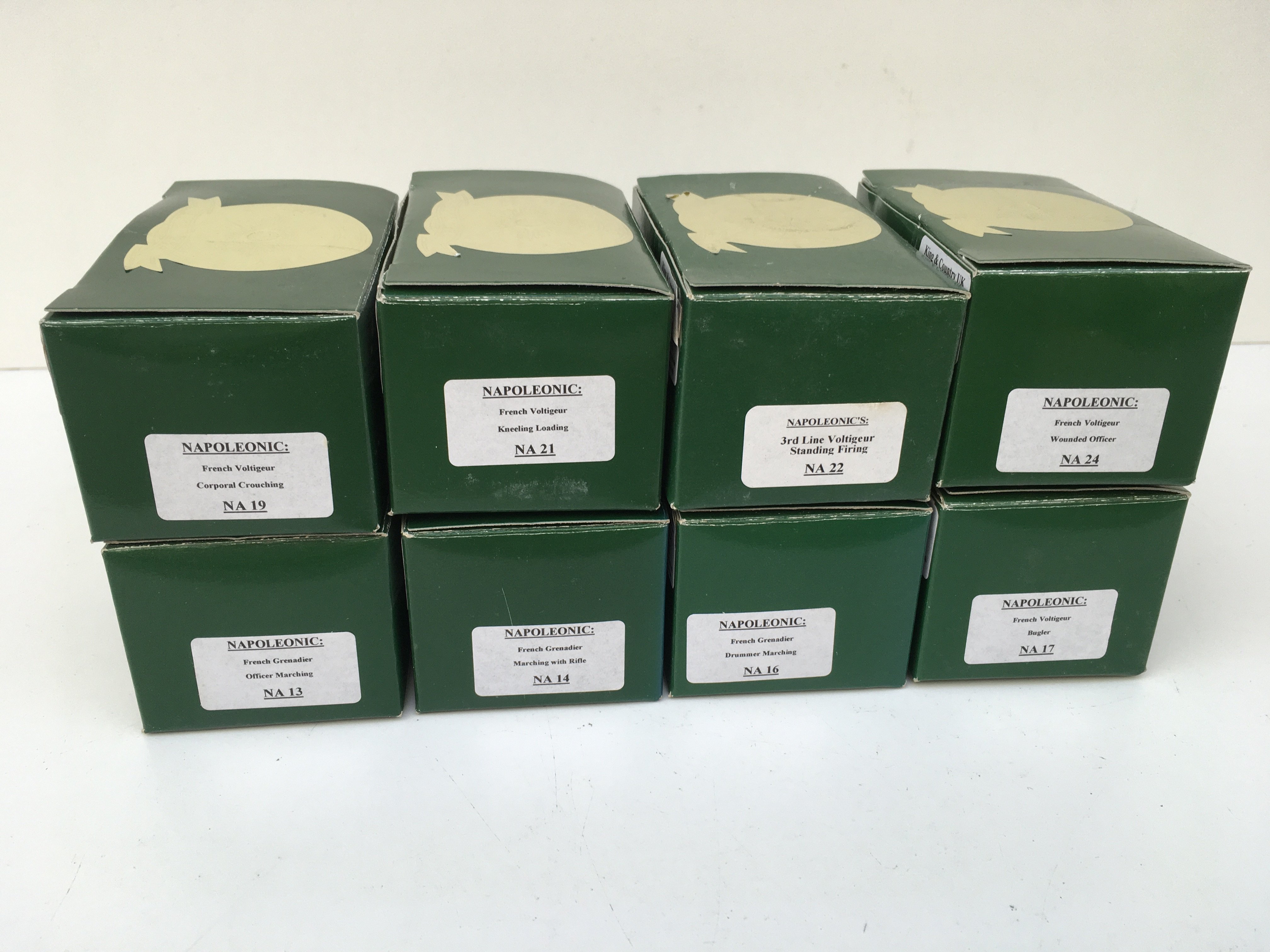 A collection of 8 boxed King and Country Napoleonic Minature Military models featuring French troops including Na13 to NA17 inclusive..NA19..NA21..NA22..NA24. No reserve.