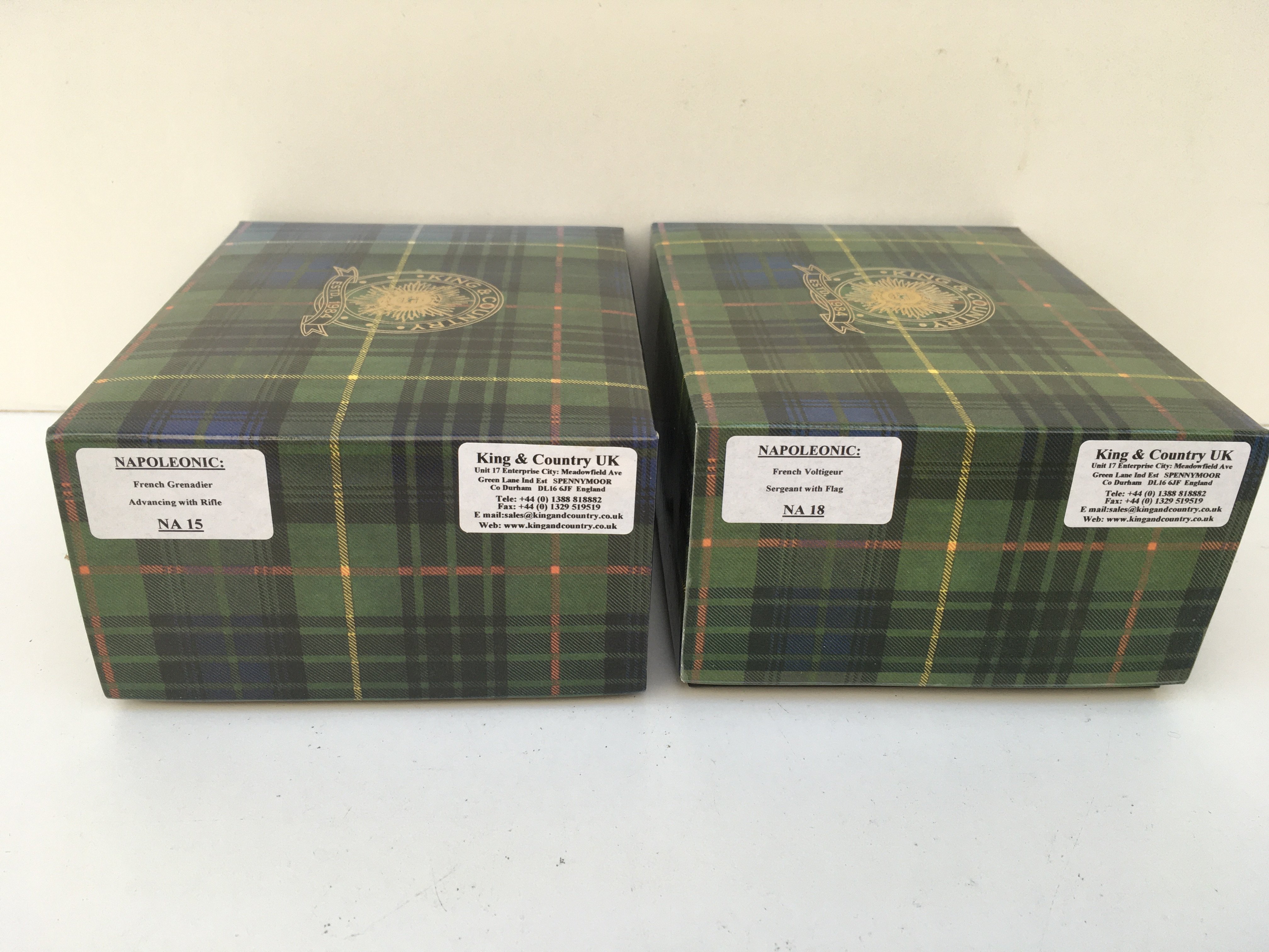 2x boxed King and Country Napoleonic Minature Military models featuring French troops includes NA15 French Grenadier and NA18 French Voltigeur sergeant with flag. No reserve