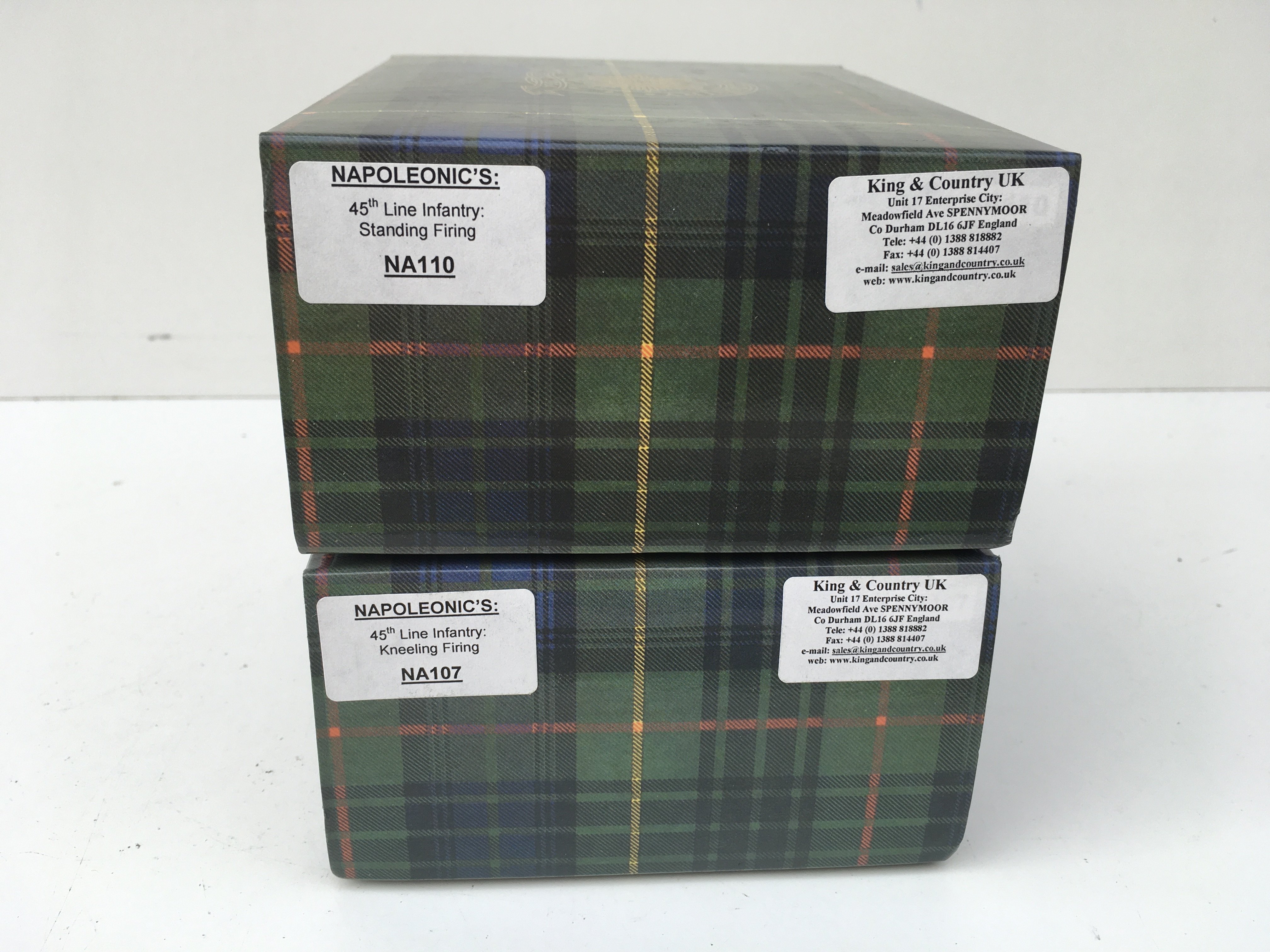 2x boxed King and Country Napoleonic Minature Military models featuring 45th line infantry including NA107 Kneeling Firing and NA110 Standing Firing. No reserve