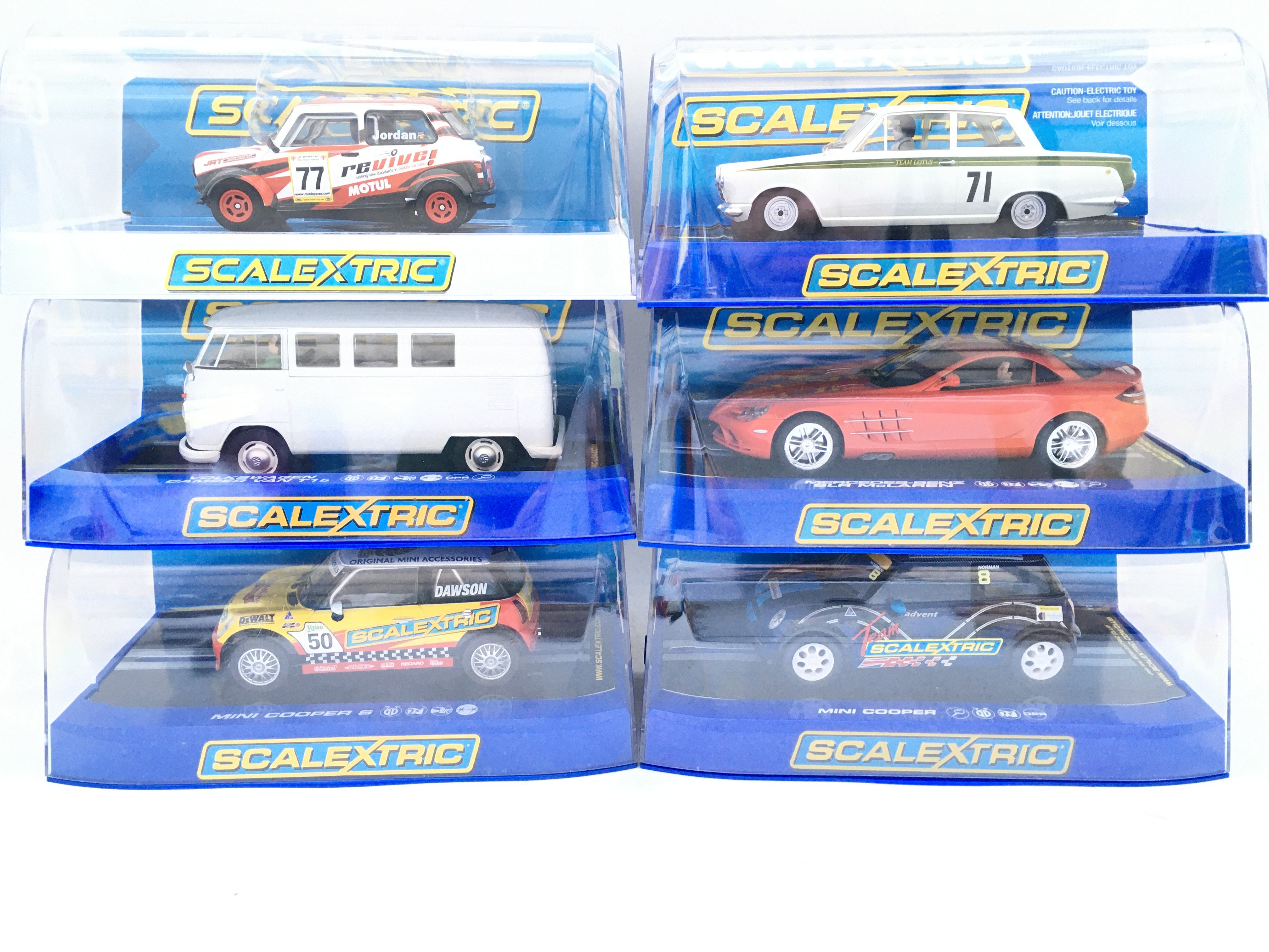 6Boxed Scalextric Cars including Mini. Volkswagen etc.