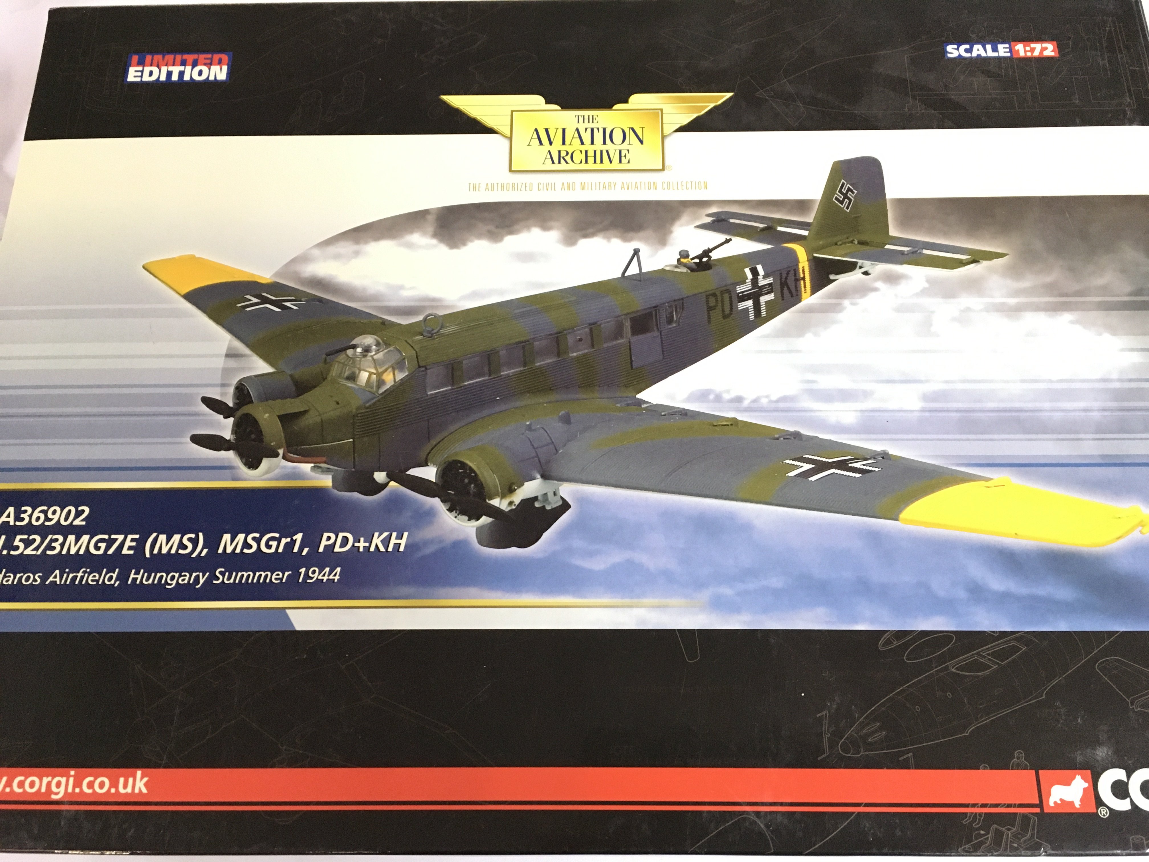 A Boxed Corgi Aviation Archive JU.52/3MG7E (MS). MSGr1. PD KH. #AA36902. 1/72 Scale. No Reserve.