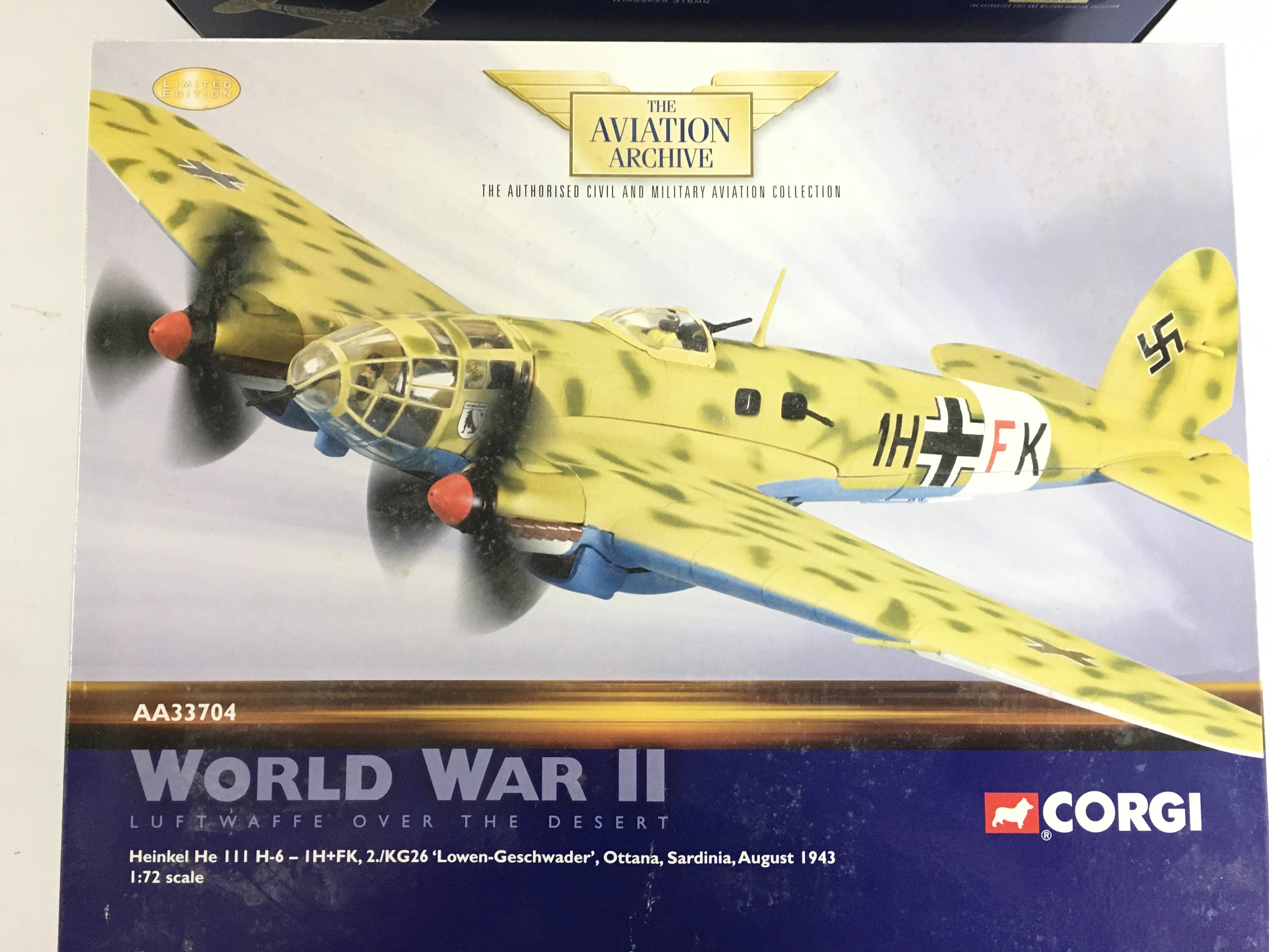 2 X Boxed Corgi Aviation Archive Aircraft. 2 X Heinkel III #s AA33704 and AA33702. Both 1/72 Scale. No Reserve.(2).