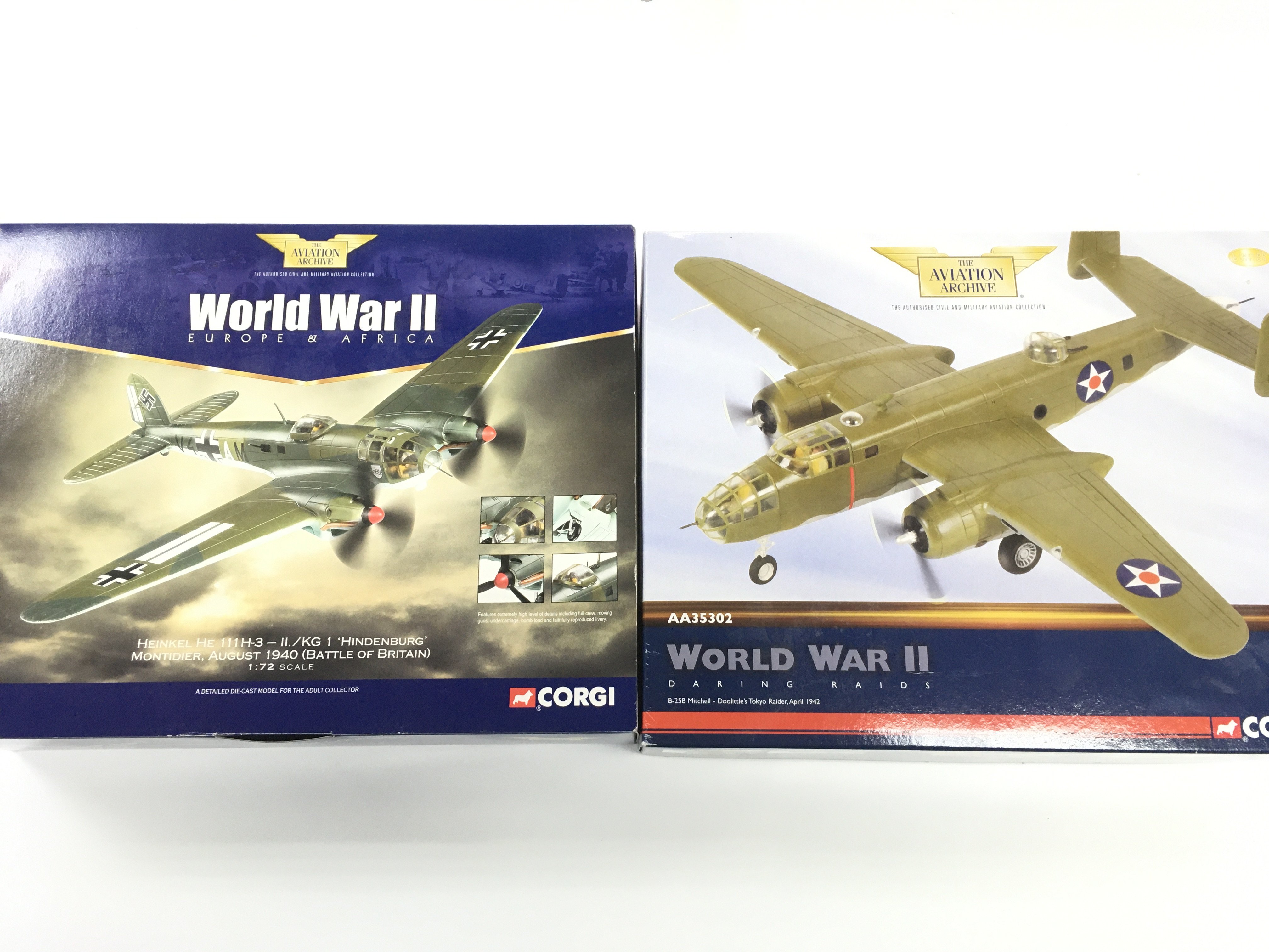 2 X Boxed Corgi Aviation Archive Models. A B-25 Mitchell #AA35302 And A Heinkel HE 11H-3 #AA33701. 1/72 Scale. No Reserve. (2).