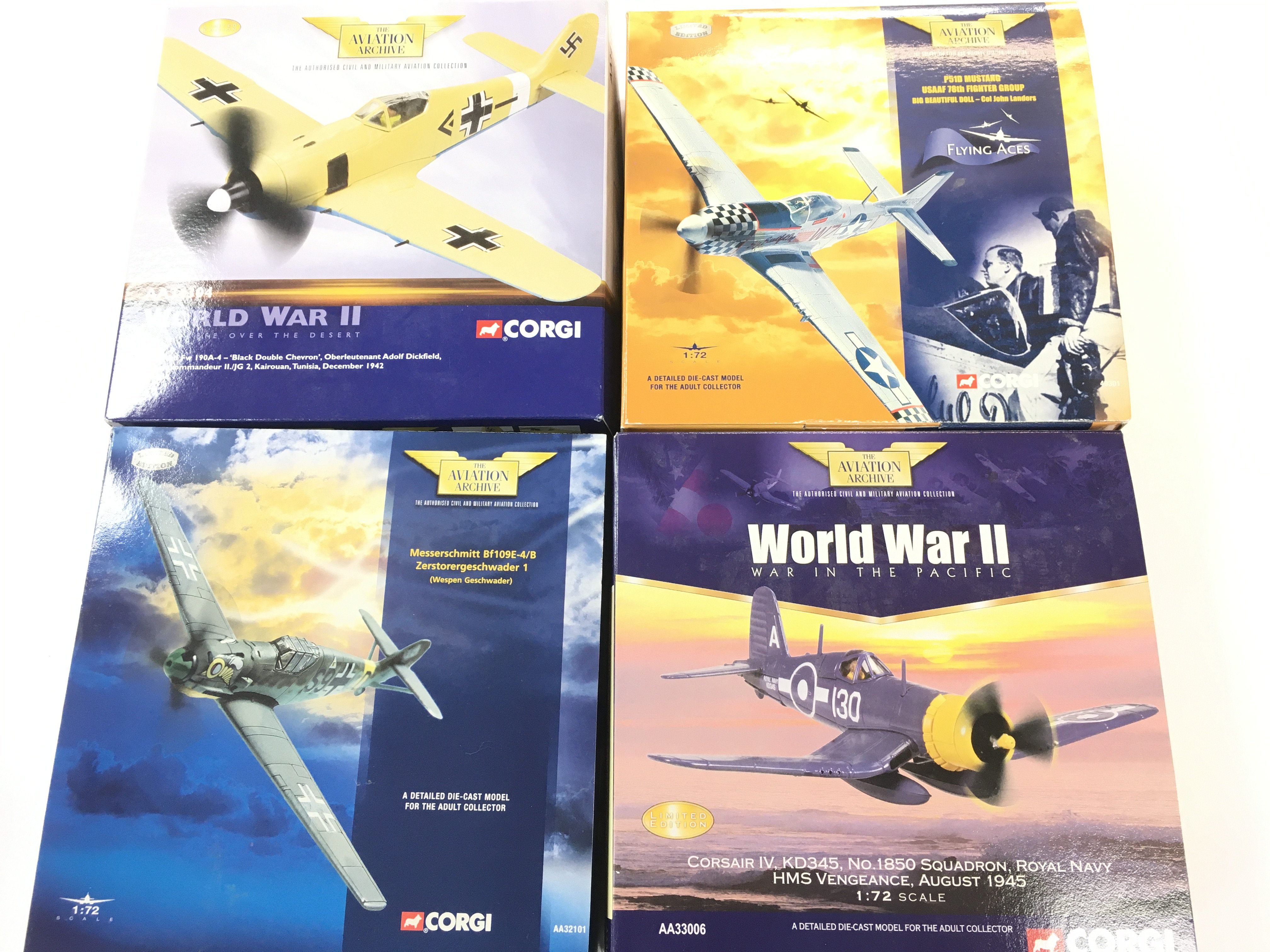 4 X Boxed Corgi Aviation Archive Models. A Focke-Wulf. A P15D Mustang. A Corsair IV And A Messerschmitt. All 1/72 Scale. No Reserve. (4).