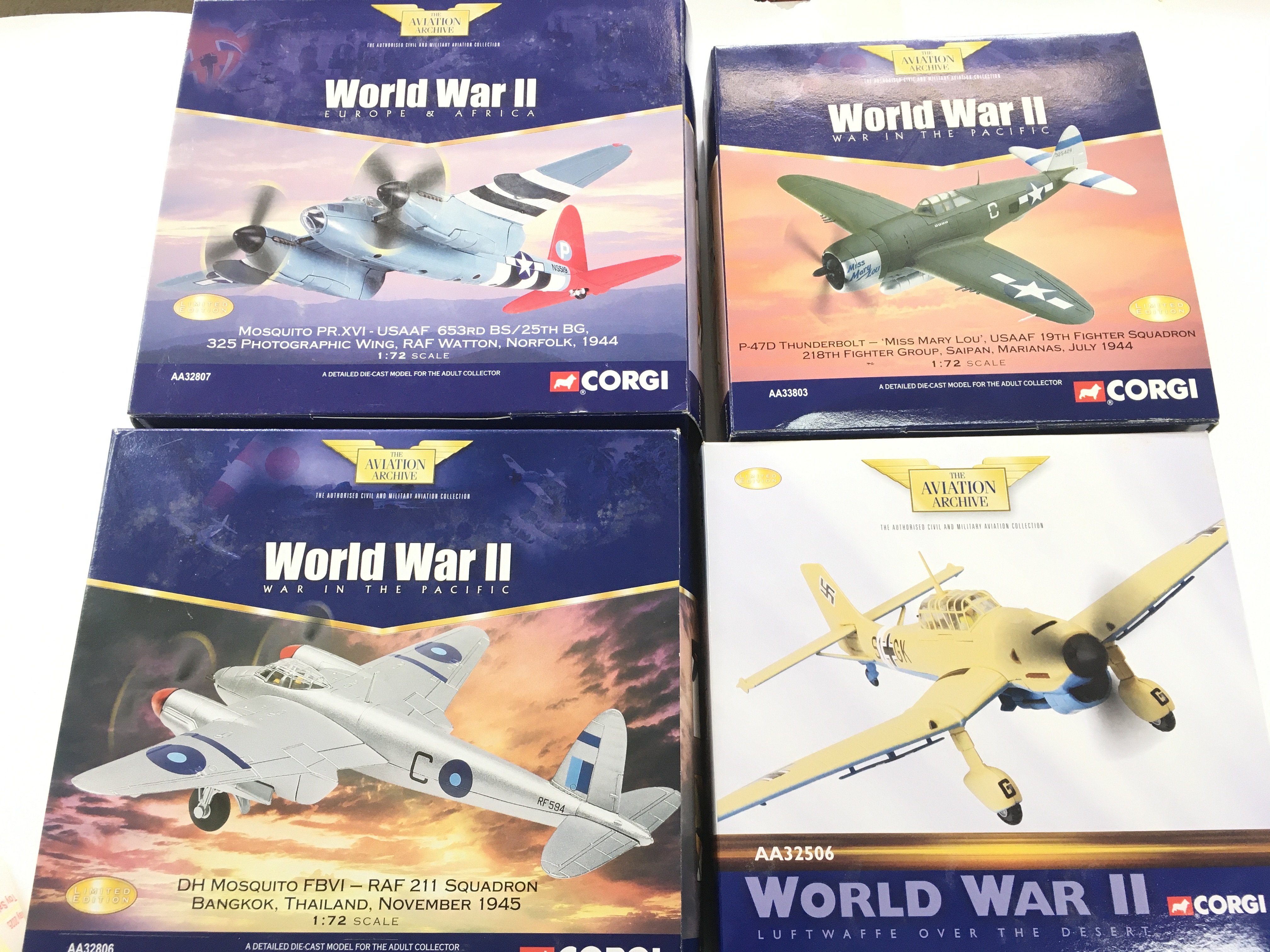 4 X Boxed Corgi Aviation Archive Models. A Junkers Ju. A DH Mosquito FBVI. A Mosquito PR.XVI. And A P-47D Thunderbolt. All 1/72 Scale. No Reserve. (4).