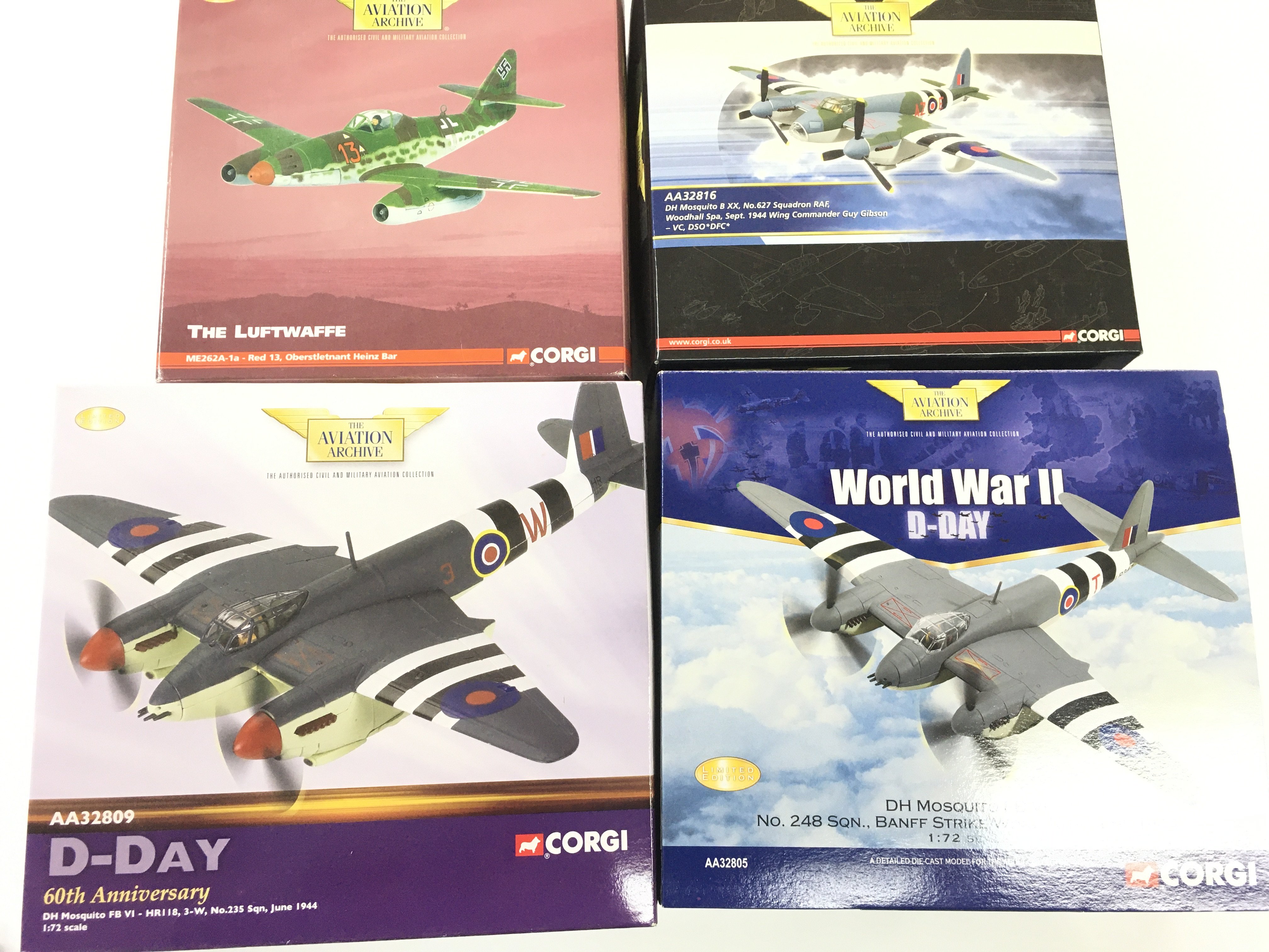 4 X Boxed Corgi Aviation Archive Diecast Aircraft. Including 3 Mosquitos And A ME262A. All 1/72 Scale. No Reserve.(4).