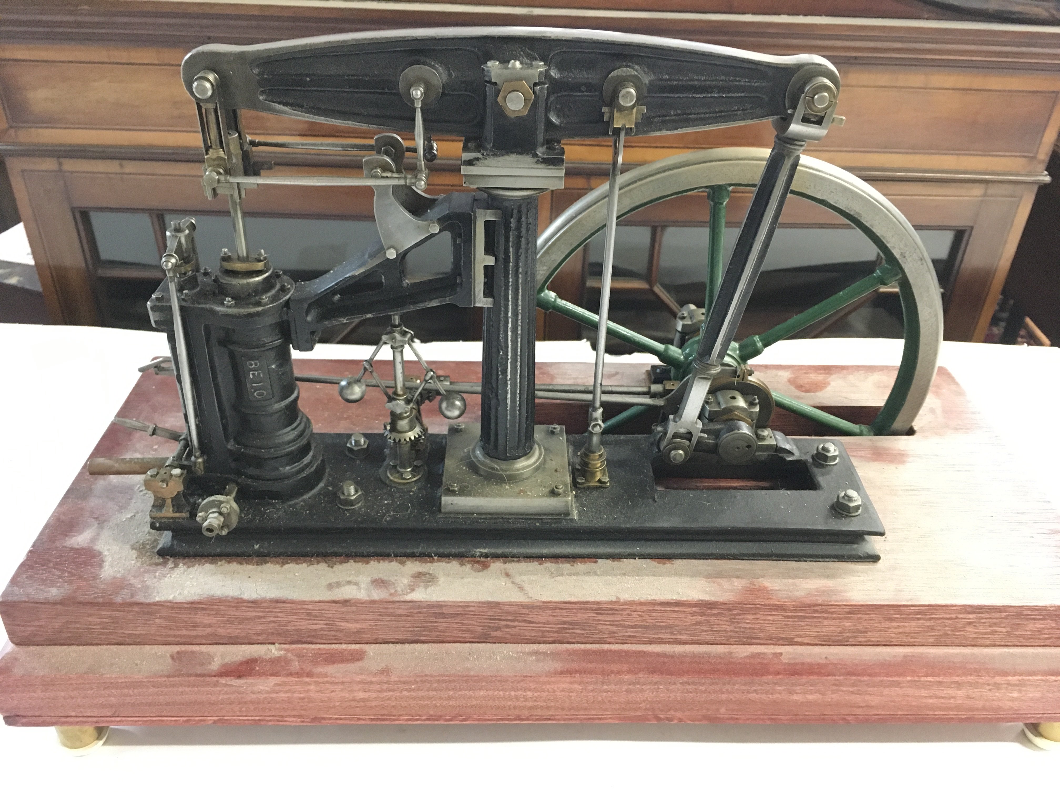 A Live Steam Beam Engine on Wooden Plinth With 9 inch Flywheel.