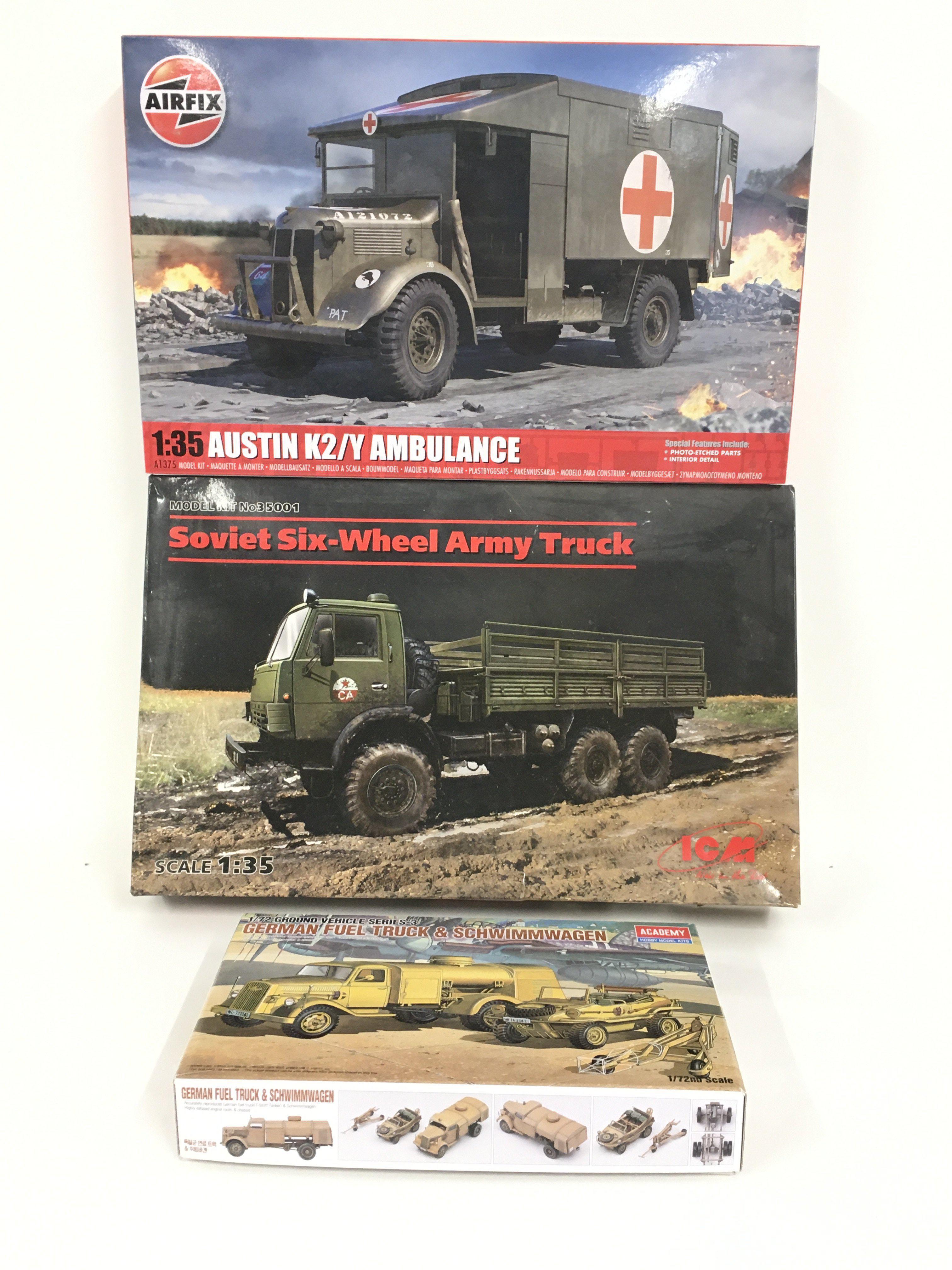 A group of 3 boxed unstarted model kits including Academy No. 13401 German Fuel Truck. ICM No35001 Soviet six wheel army truck Airfix A1375 Austin K2Y Ambulance. No Reserve